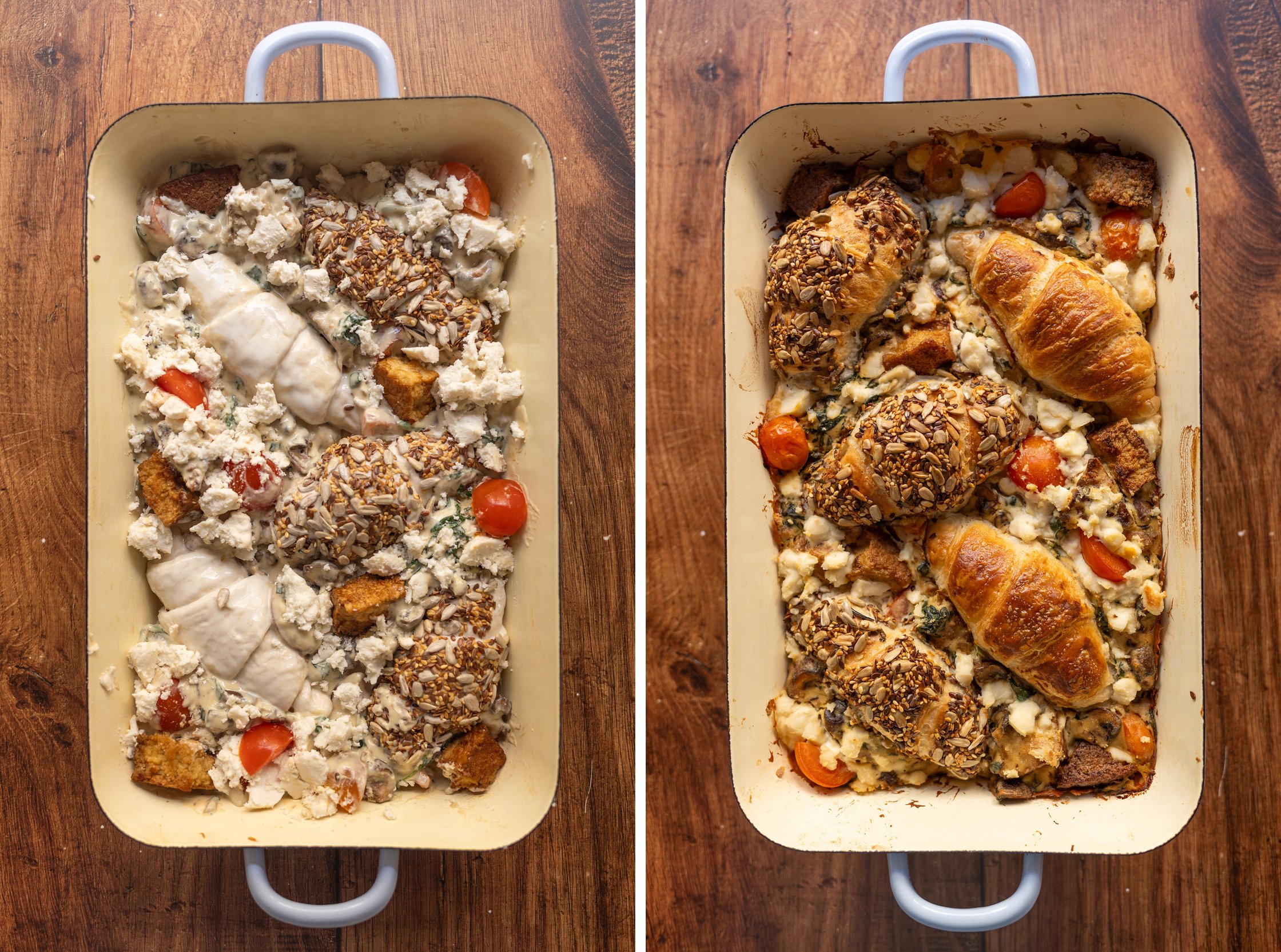 Herzhafter veganer Croissant-Auflauf vor und nach dem backen