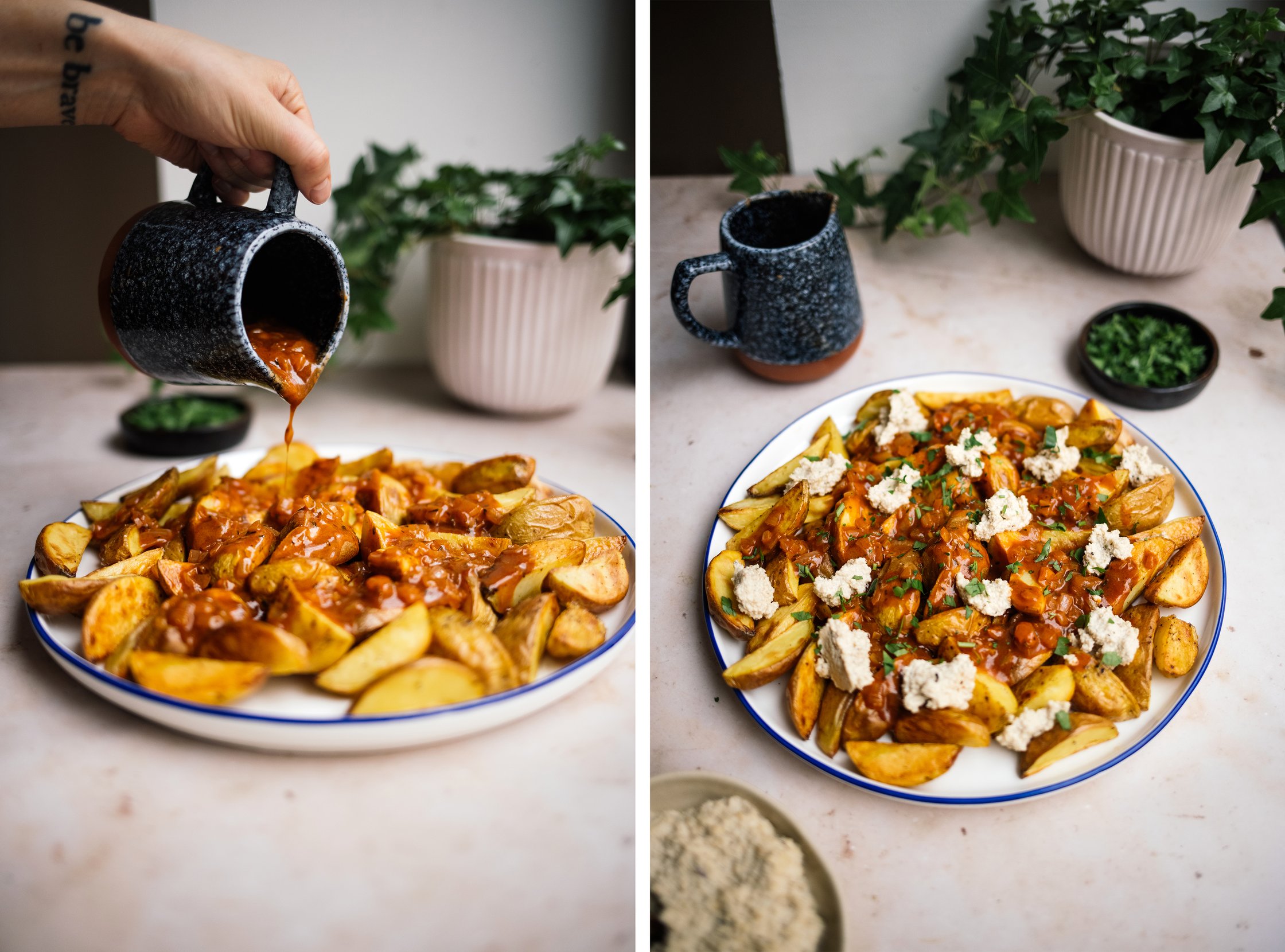 drizzling potato wedges with vegan gravy