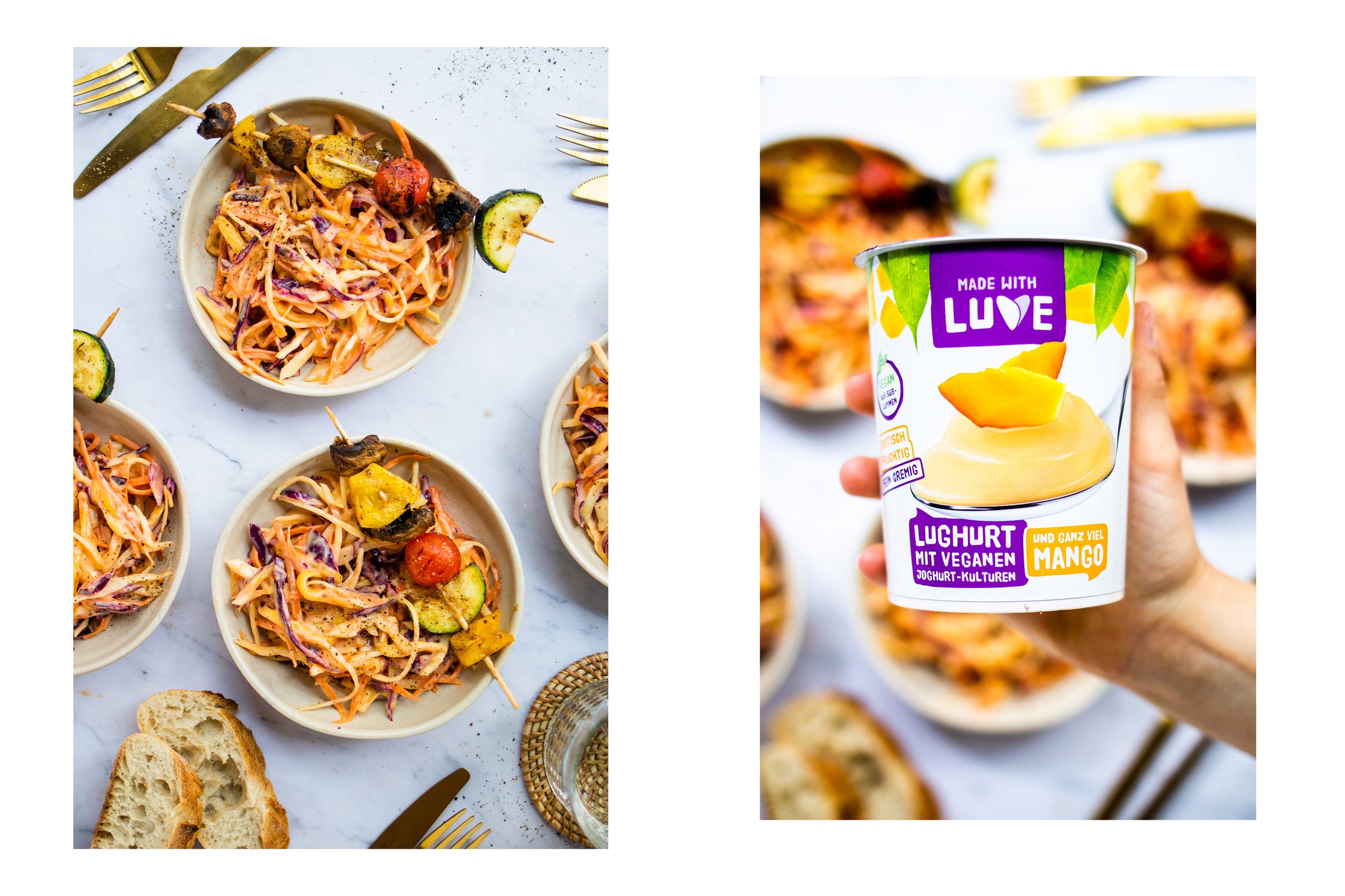Vegan Mango Coleslaw with Vegetable Skewers on Plates, Cutlery, Packaging from Mango Lughurt from LUVE