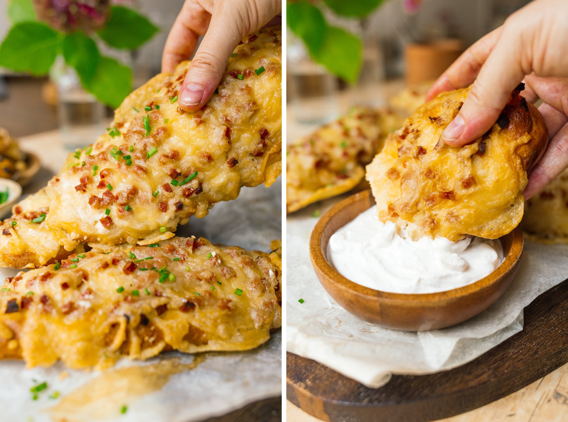 dipping a Vegan Ham and Cheese Pretzel Stick in plant based creme fraiche
