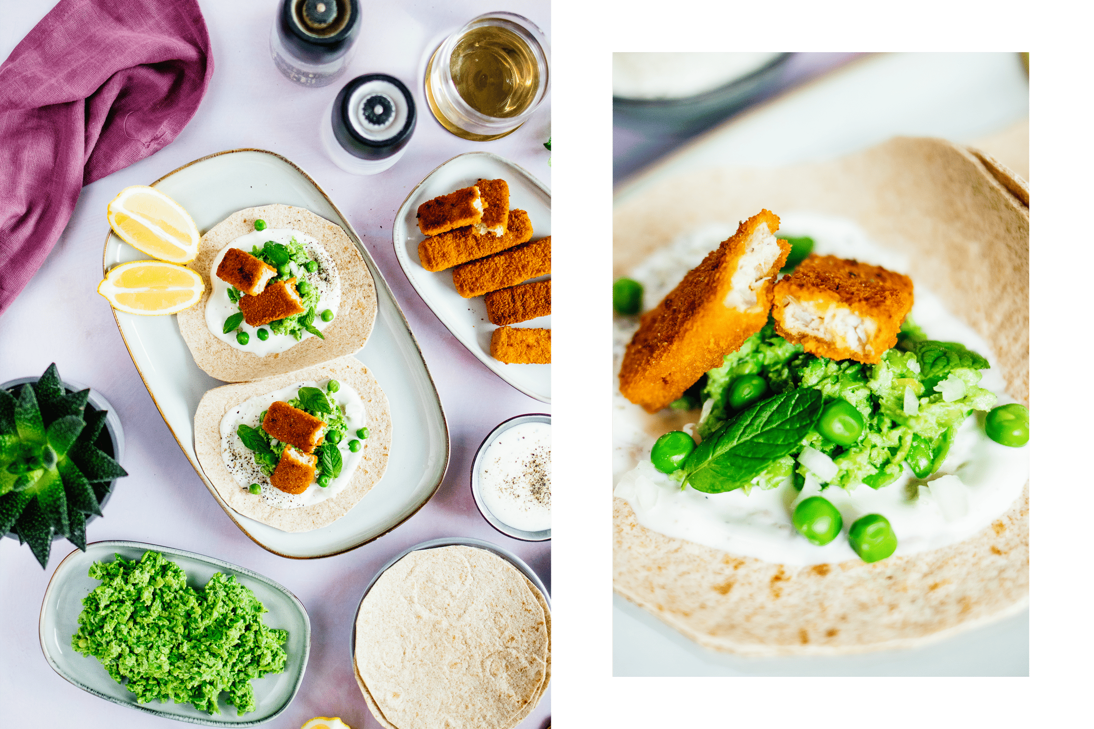 vegane Tacos mit Fischstäbchen und Erbsenpüree