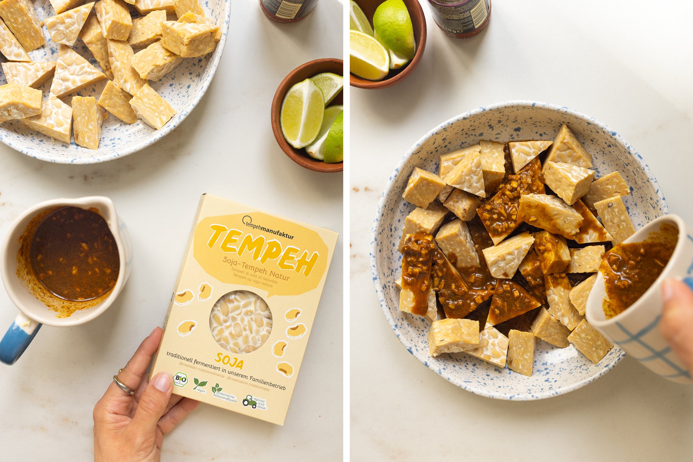 marinating the vegan tempeh