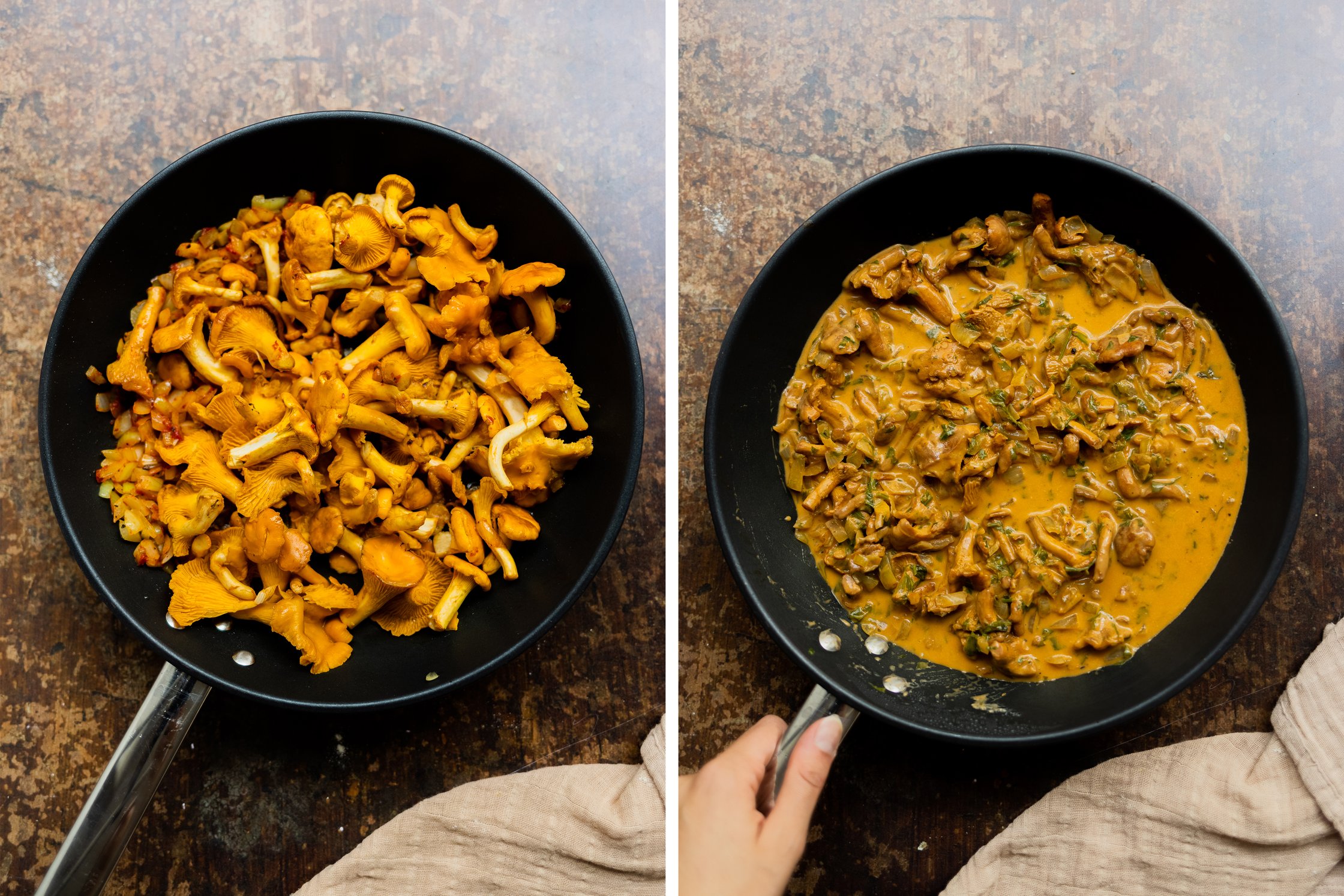 Vegane Pfifferlingsoße in einer Pfanne