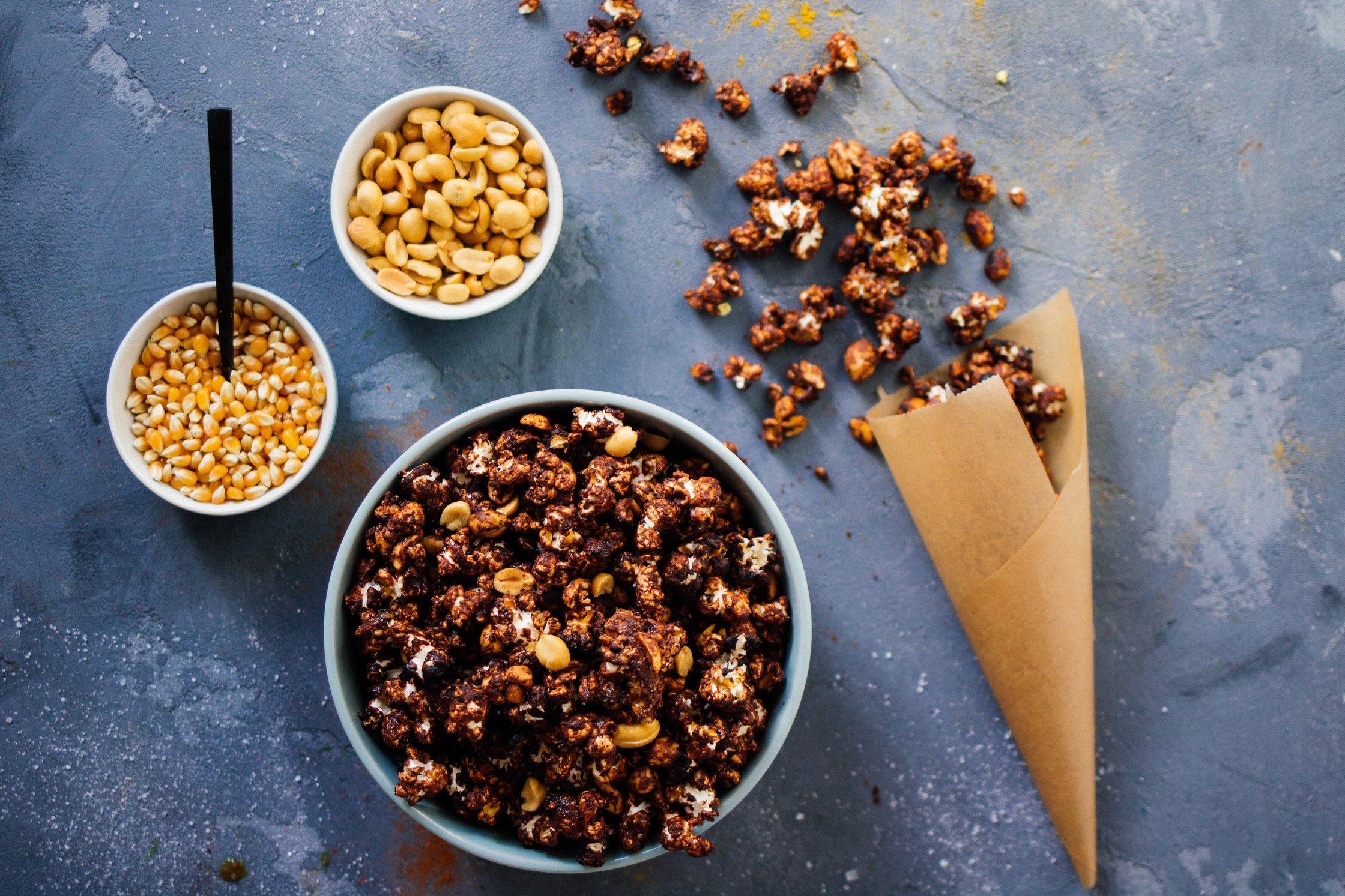 chocolate popcorn in a bowl