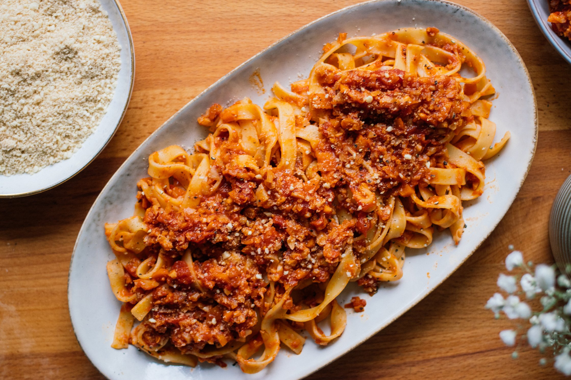 Tagliatelle with Cauliflower Bolognese is done and served