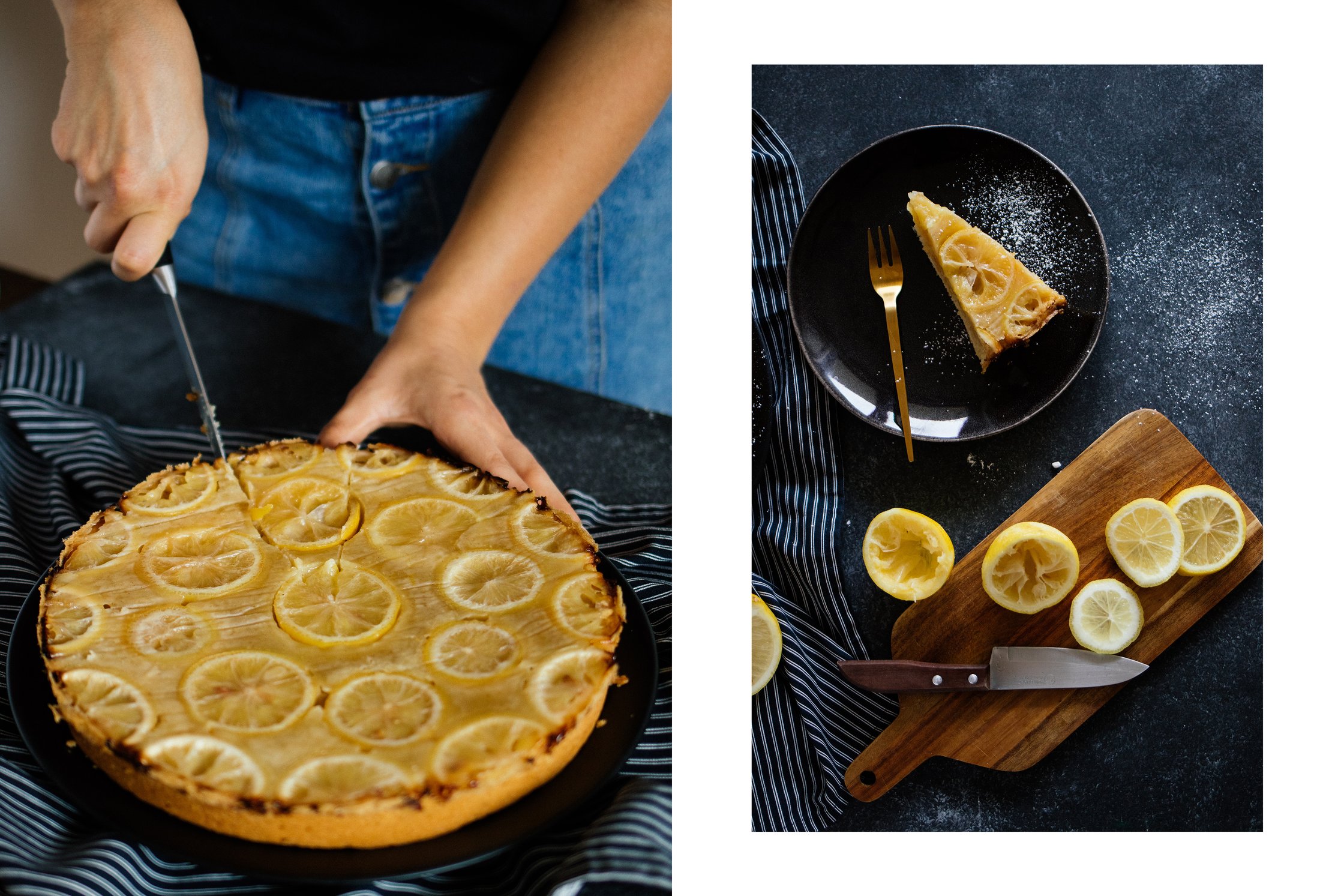 veganer Zitronen Upside Down Kuchen wird angeschnitten