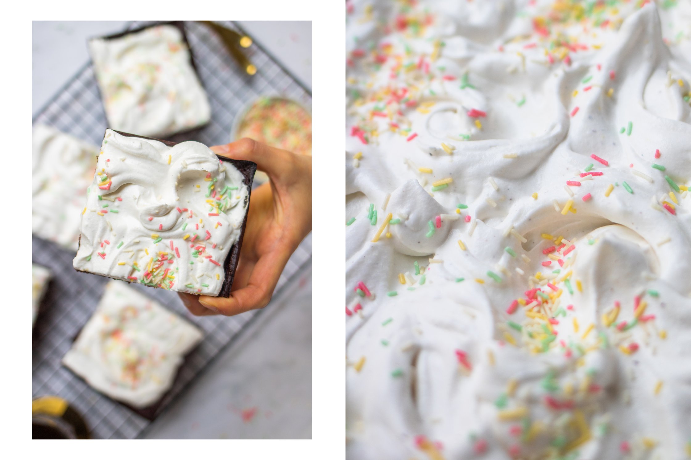 Ein Stück veganer Schokokuchen mit Frischkäsecreme und bunten Streuseln