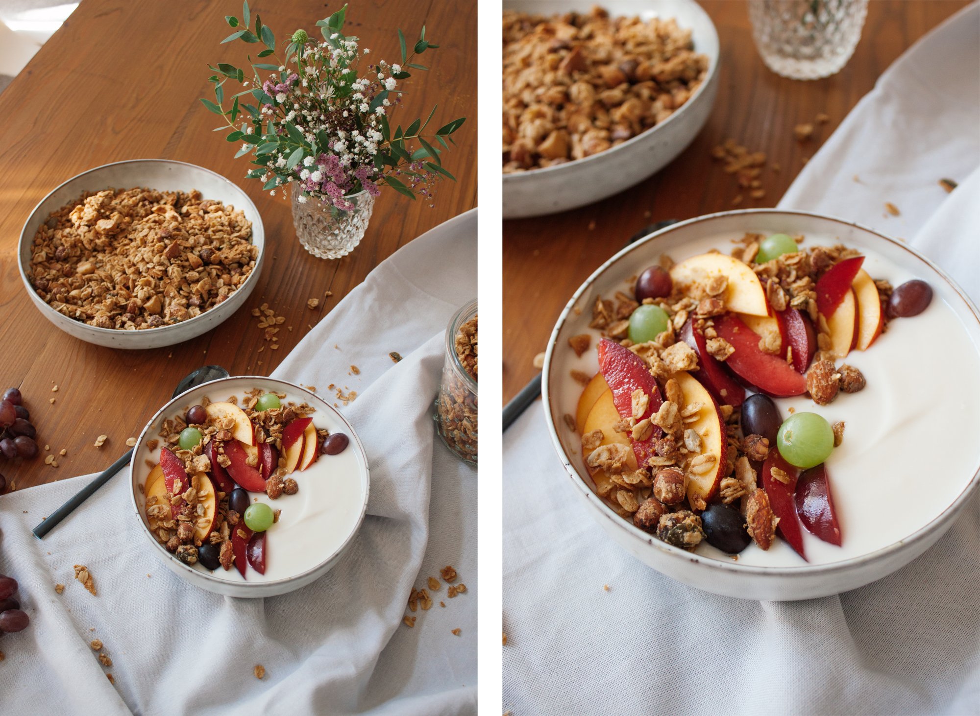 tahini granola mit veganem joghurt und frucht auf dem tisch