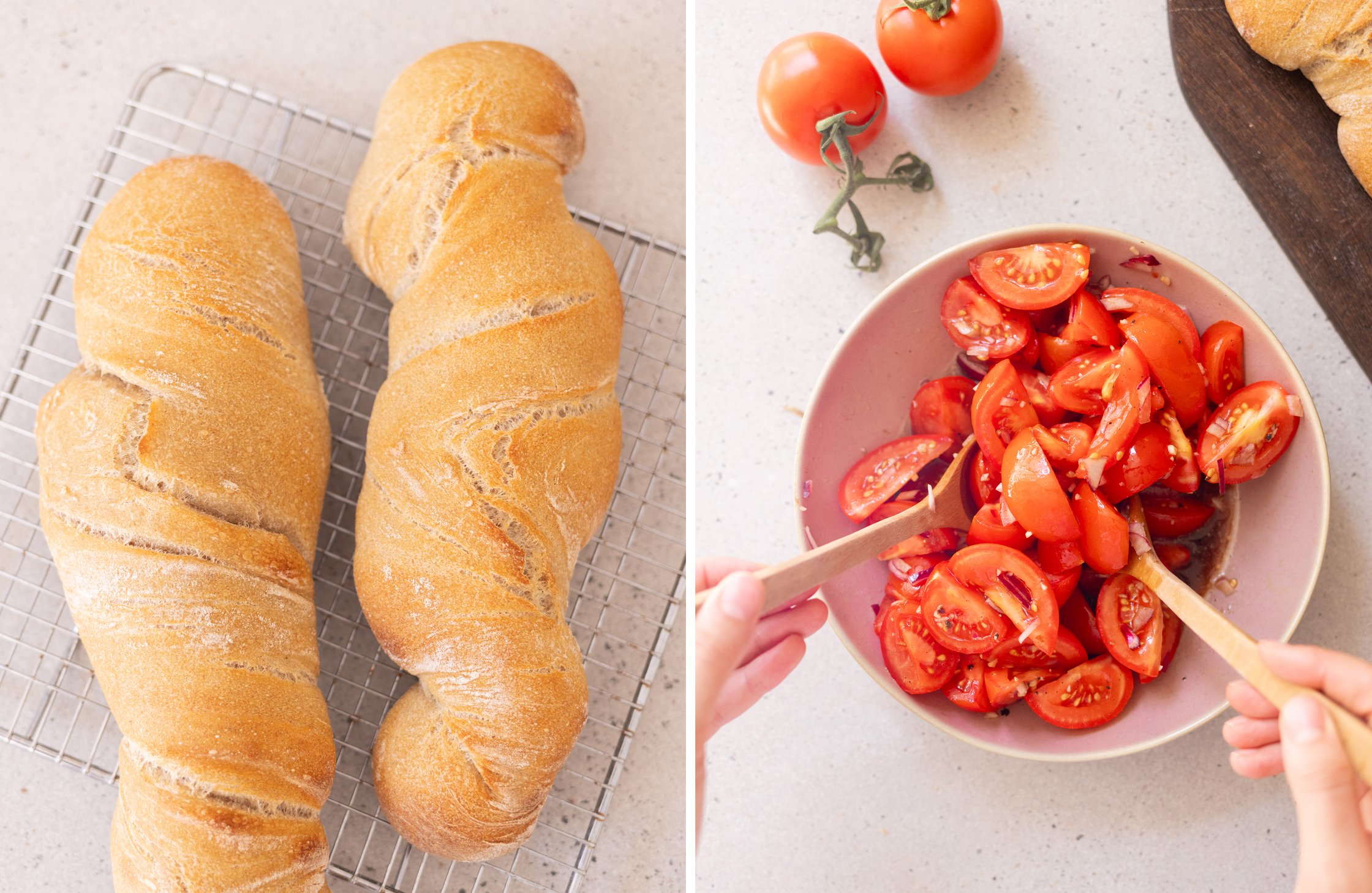 Die fertigen Baguettes liegen auf einem Rost und der Tomatensalat wird vermengt.