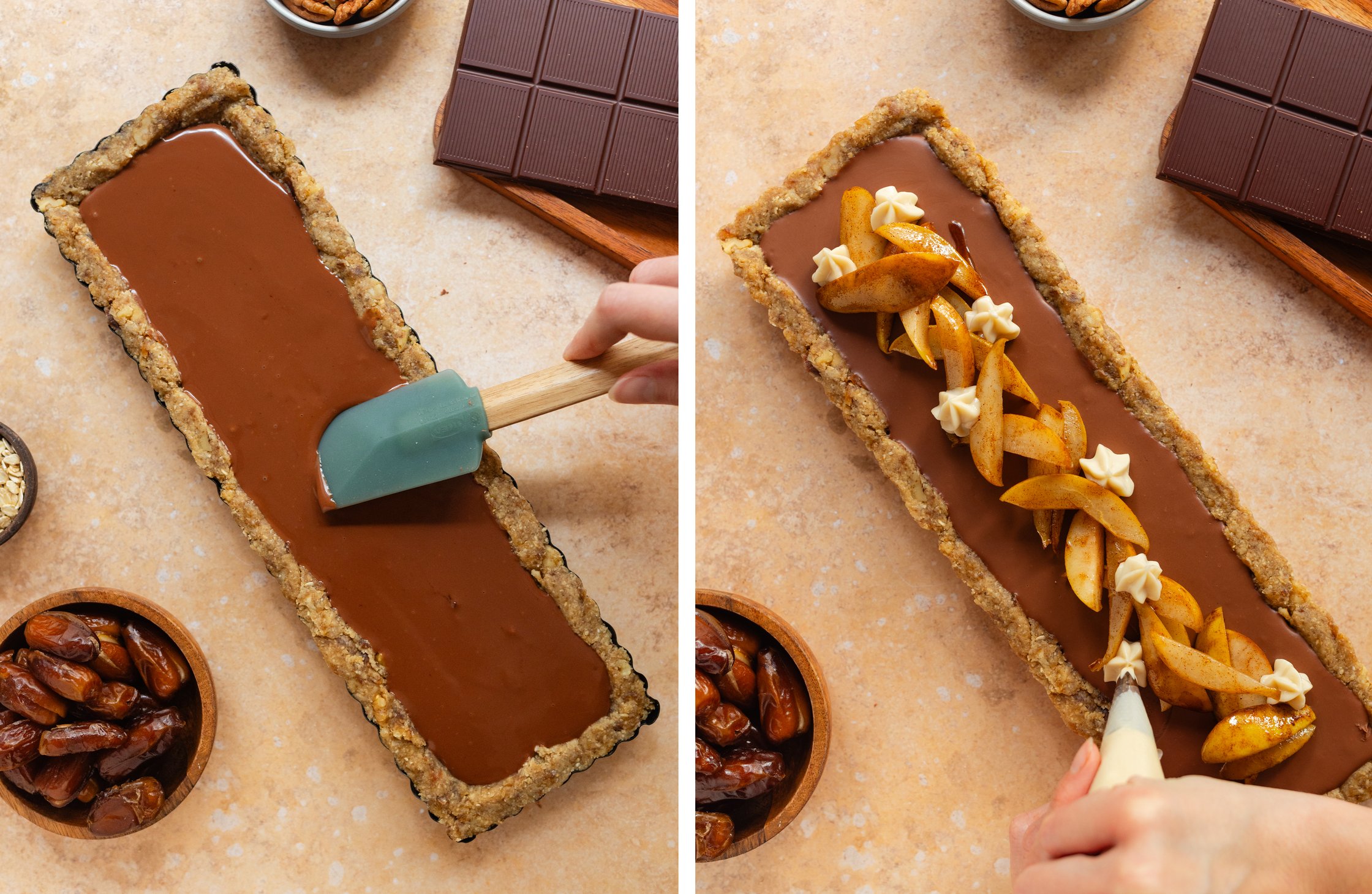 Schokoladen-Füllung auf dem Boden verteilen; Tarte wird dekoriert