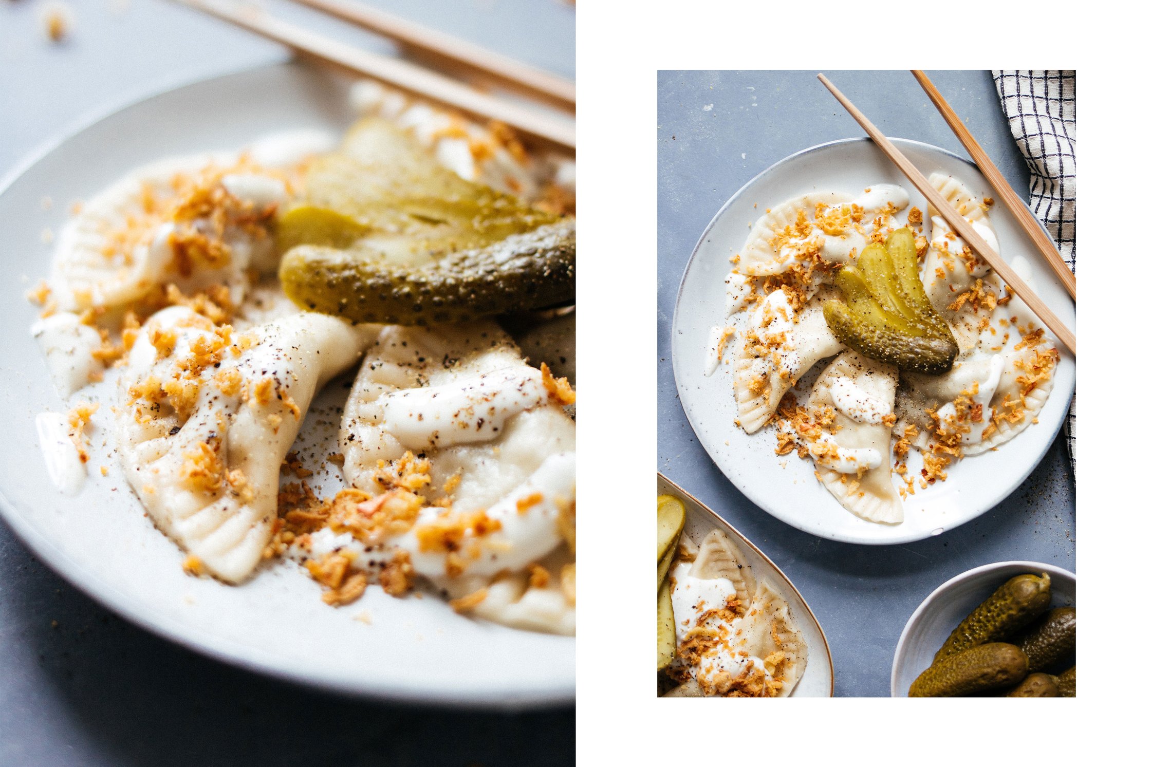 pierogis on a plate with roasted onions and yogurt