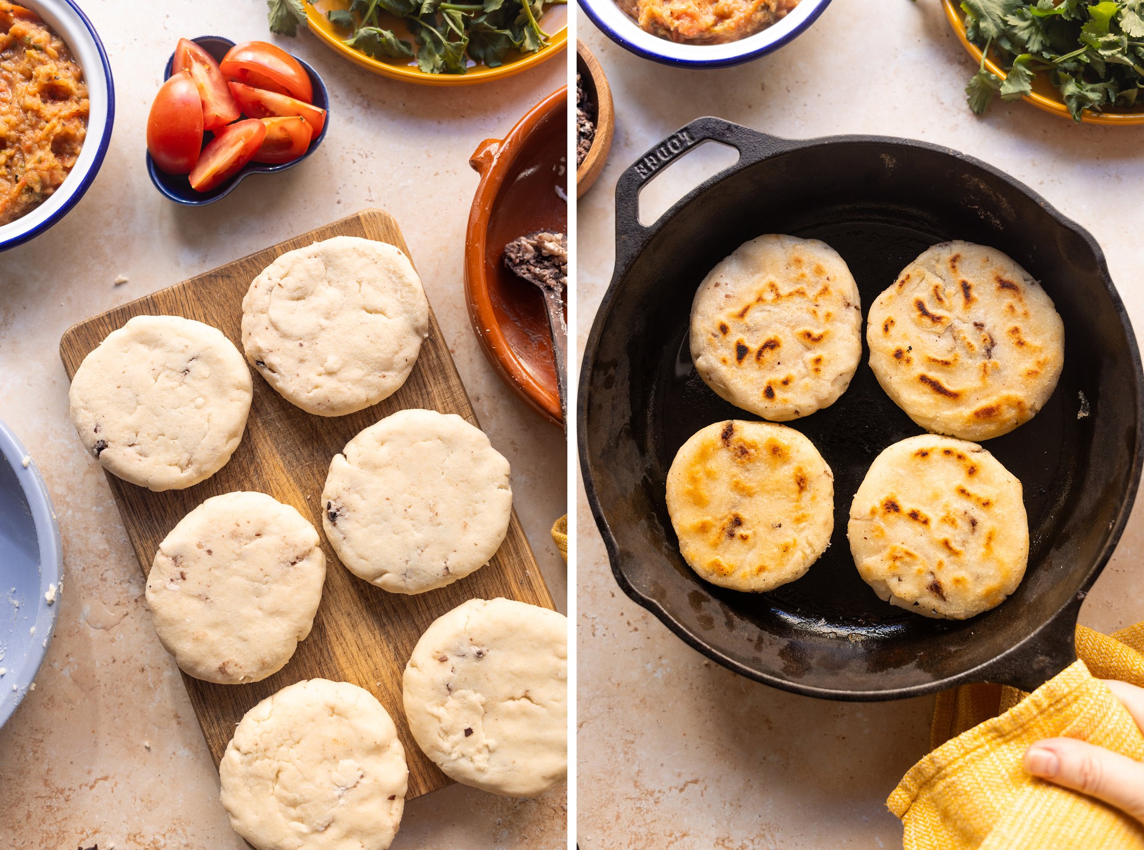 vegan pupusas before and while pan frying