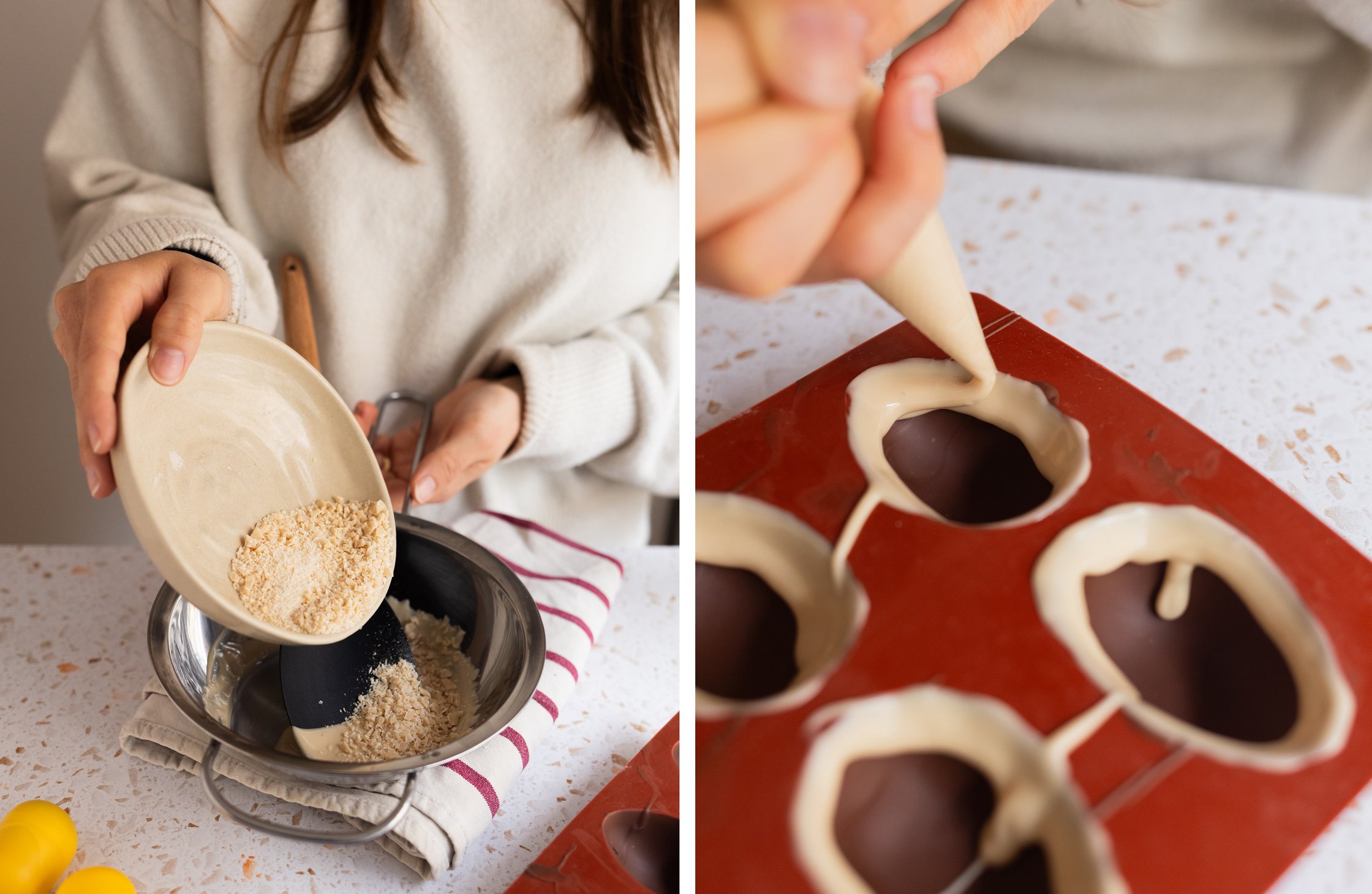 The light chocolate is then melted and poured onto the dry dark chocolate.