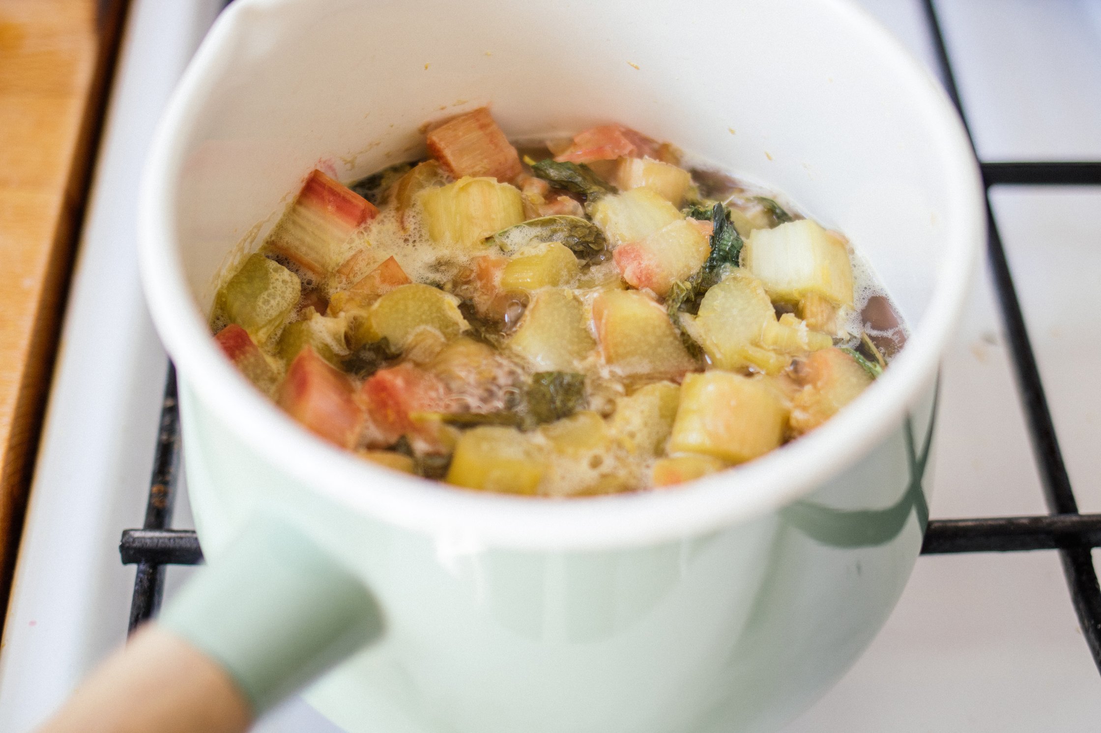 rhubarb simmering in saucepan