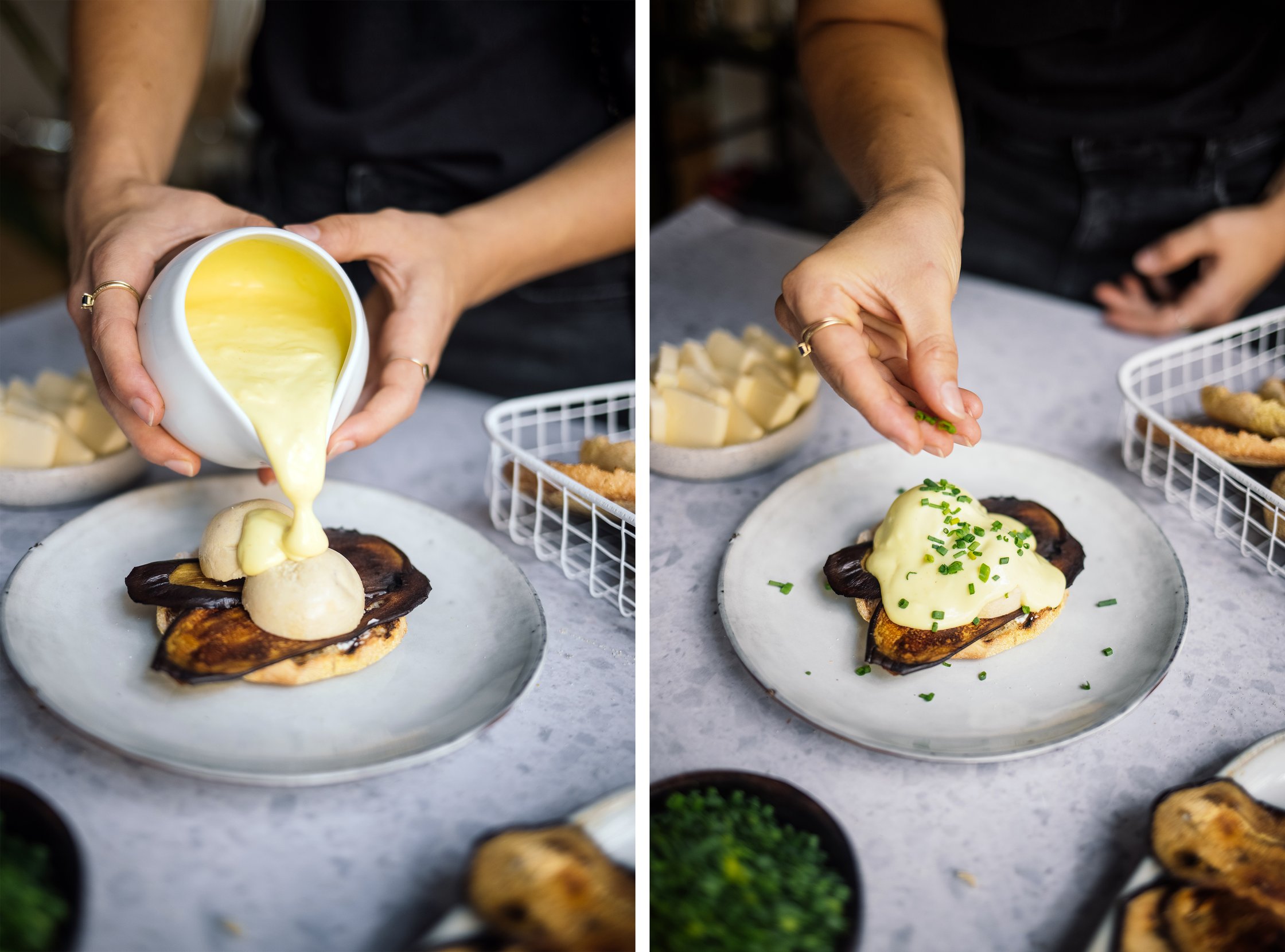 vegane eggs benedict mit sauce hollandaise und schnittlauch toppen