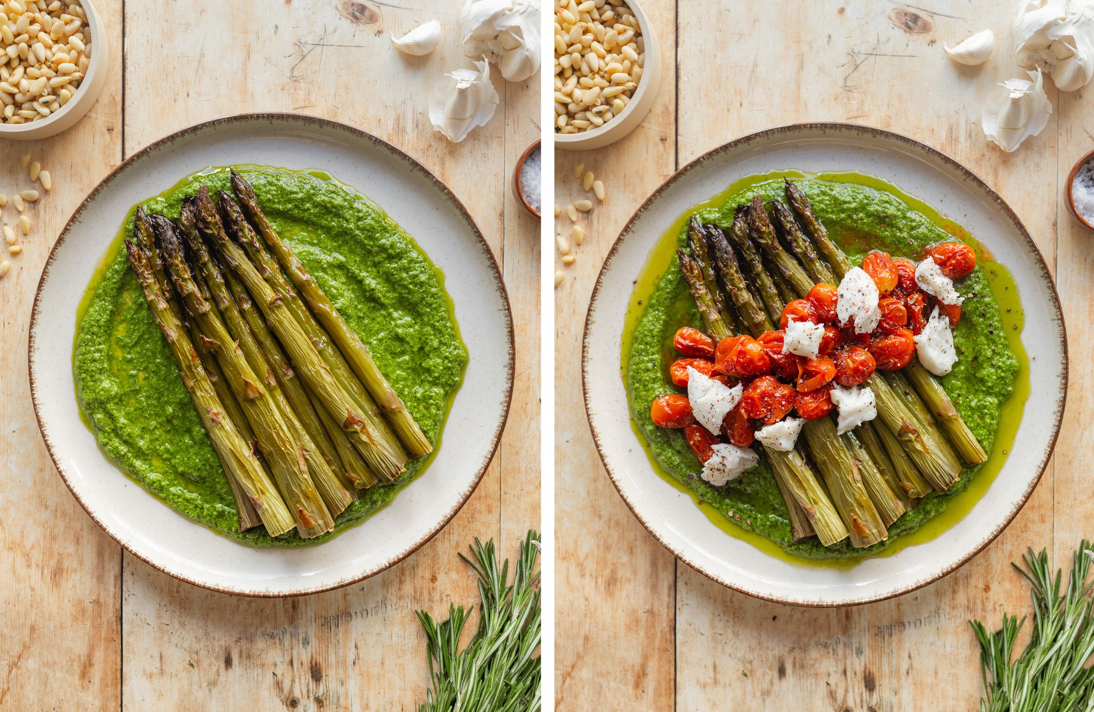 a plate with basil pesto and green asparagus; ready-made dish on the plate