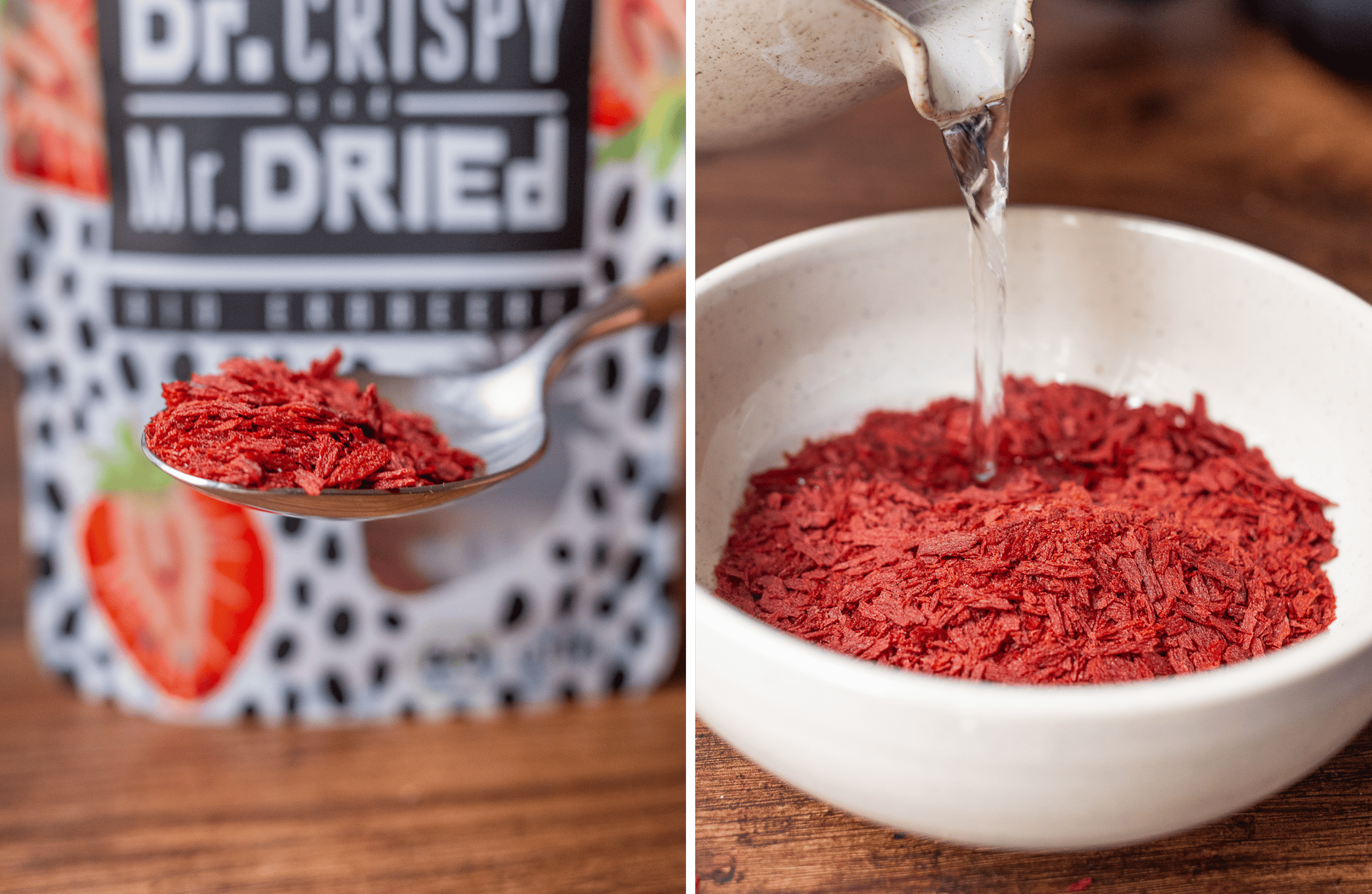 The dried strawberry-flakes from Dr. Crispy and Mr. Dried are shown and soaked in water