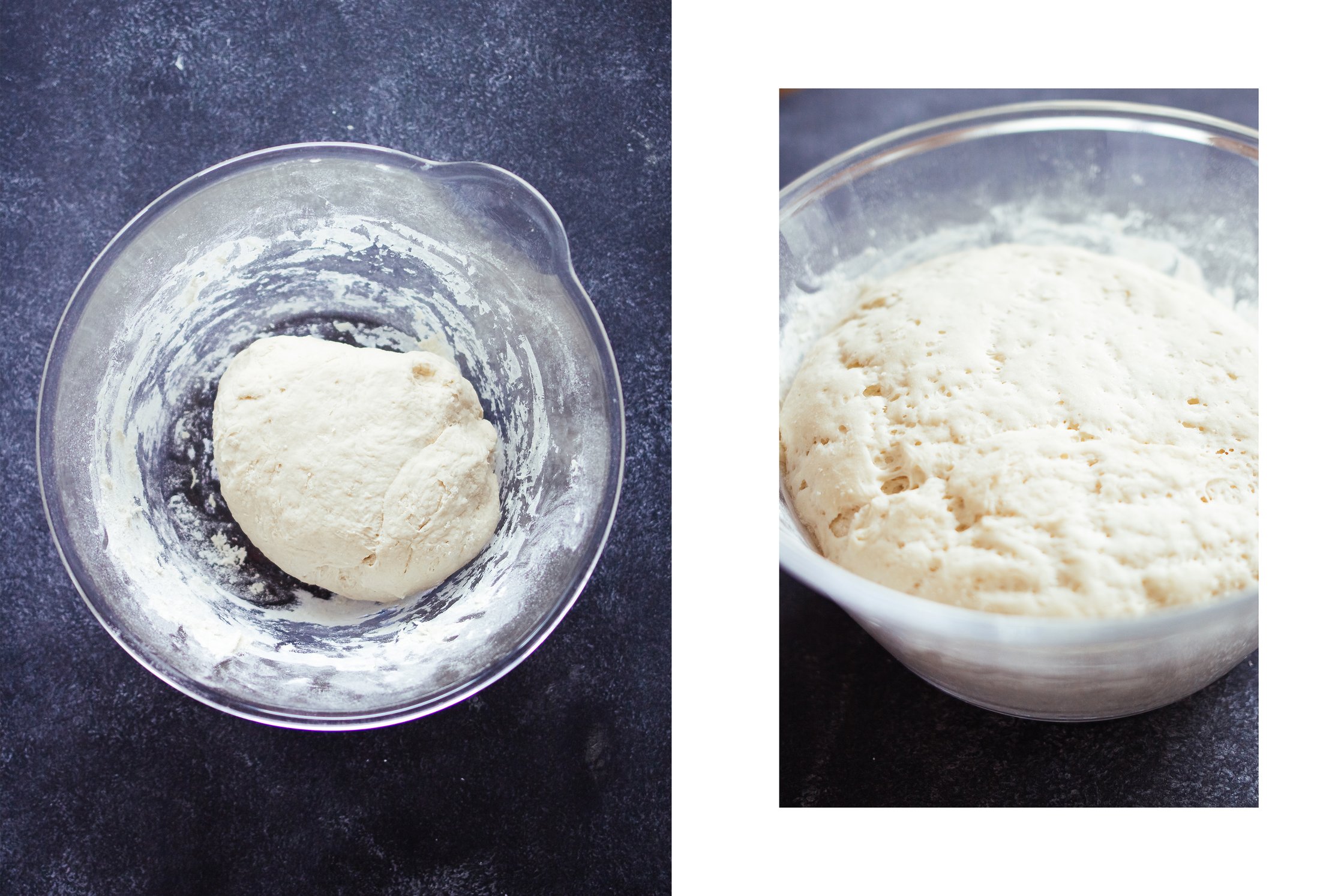 vegan yeast dough in a glass bowl