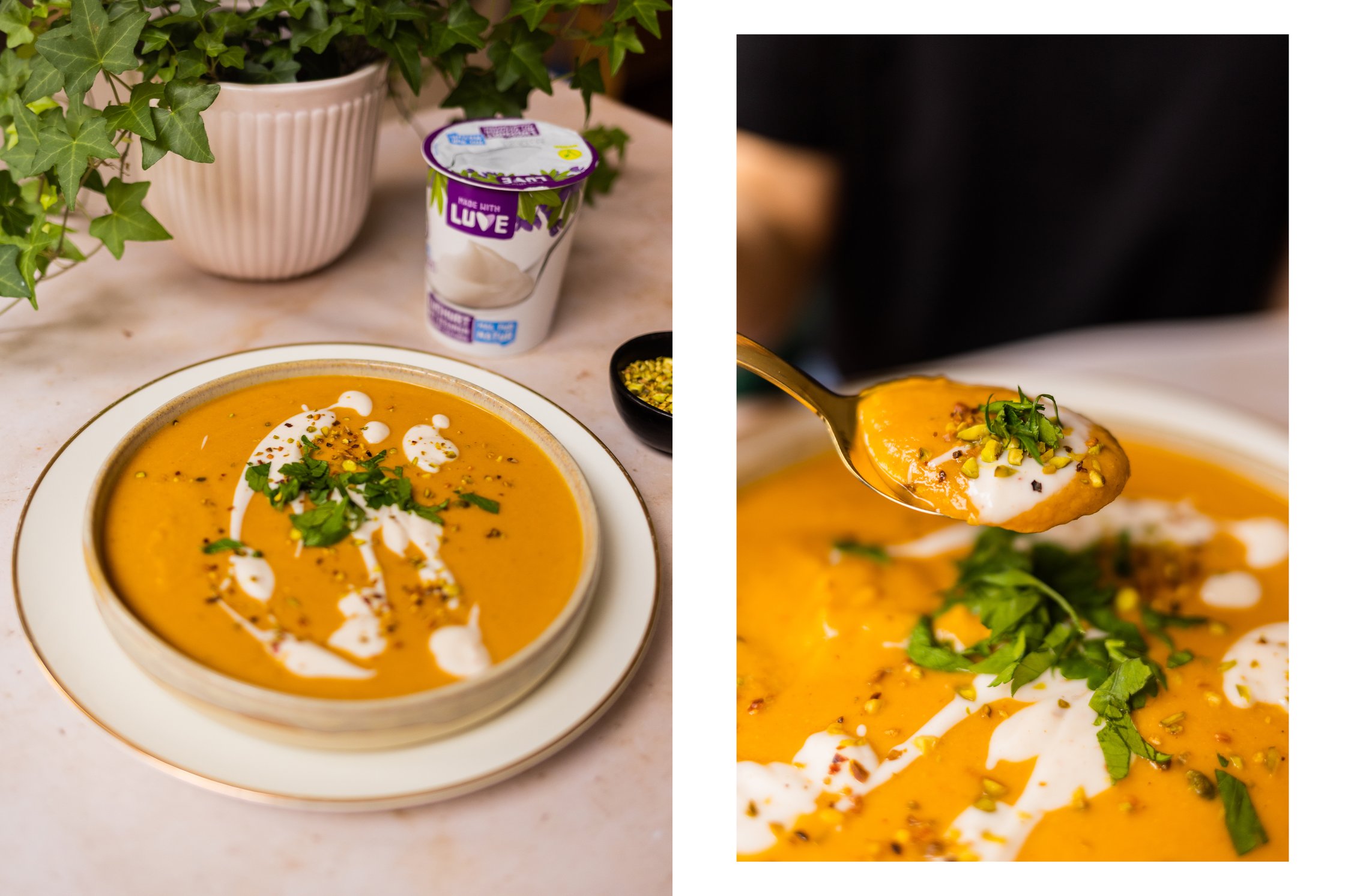 Rote Linsensuppe in einer Schüssel, Pflanze und veganer Jogurt in einem Becher im Hintergrund, Löffel mit Suppe