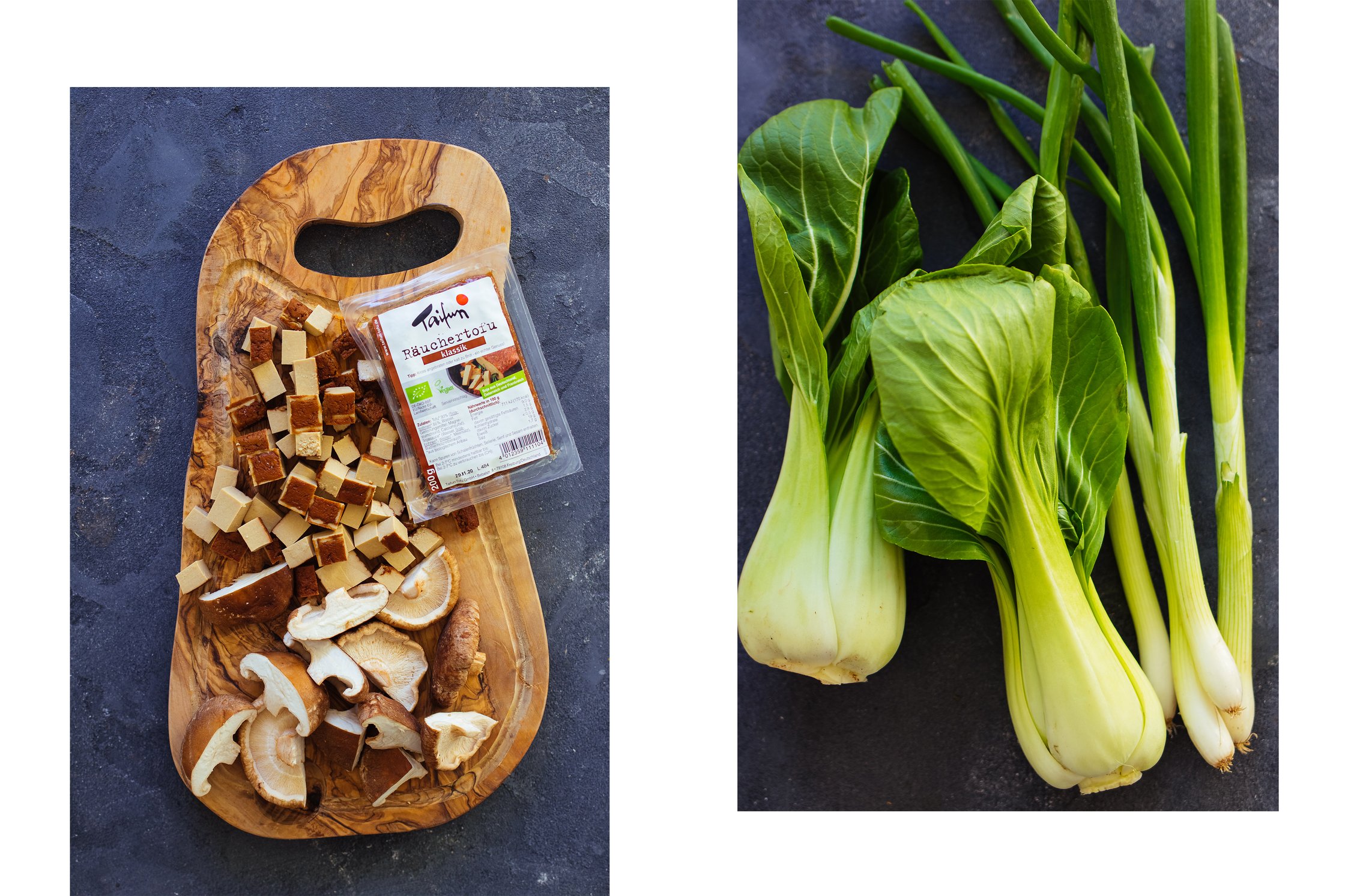 smoked tofu, shiitake mushrooms, pak choi and green onions