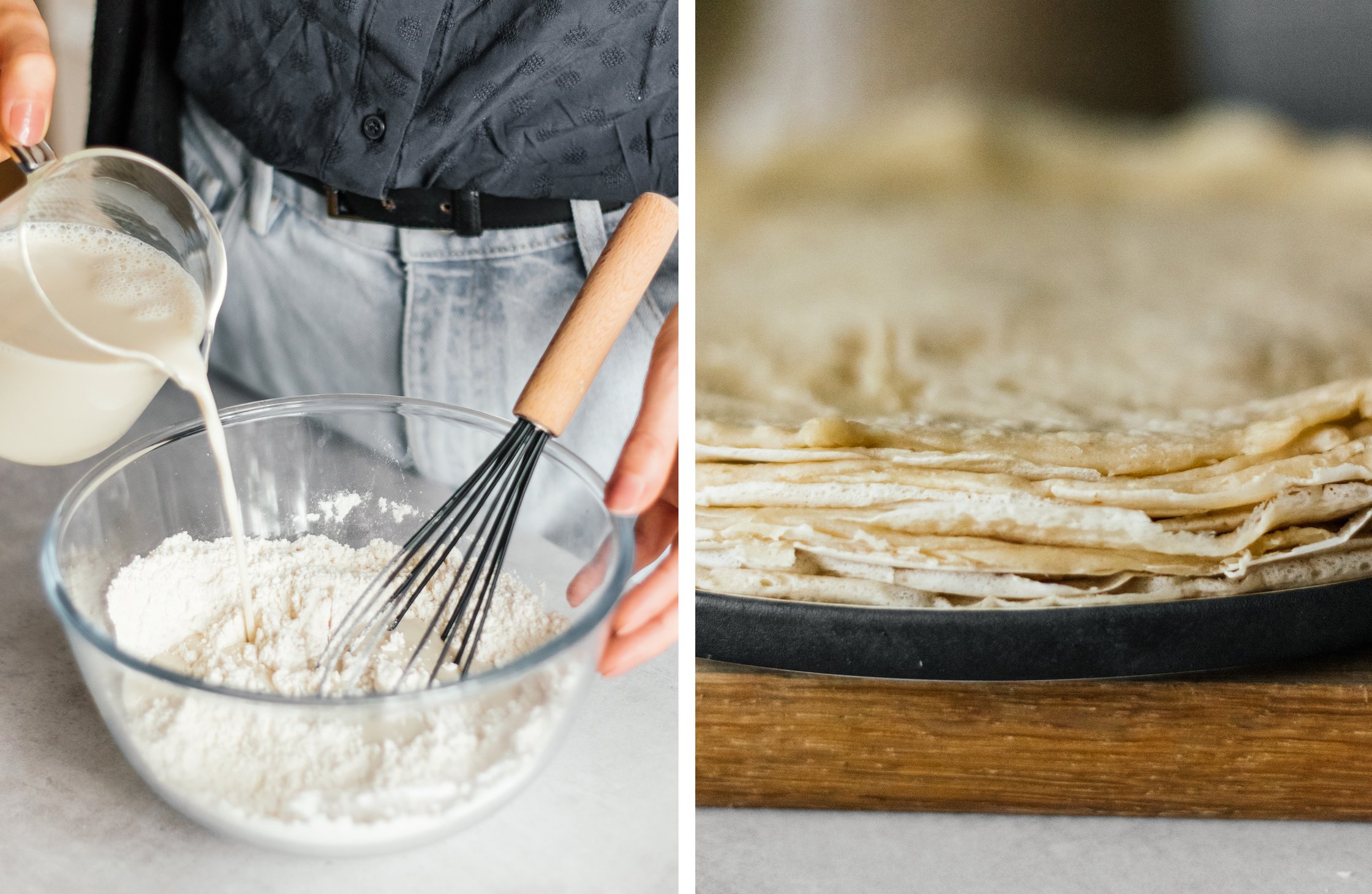 mixing pancake dough; ready made vegan pancakes