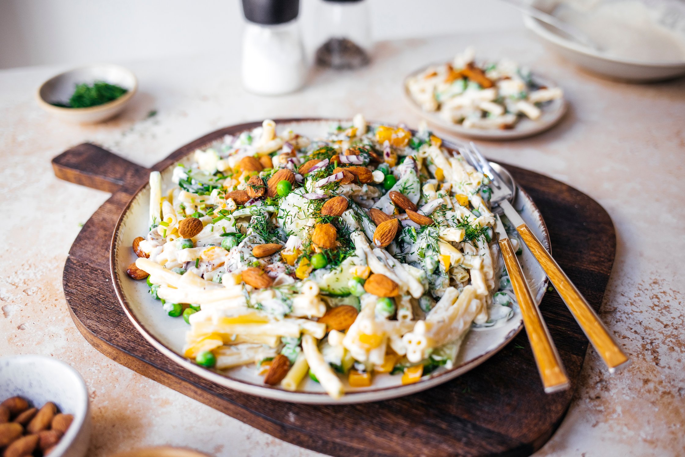vegan maccaroni salad served on a big platter
