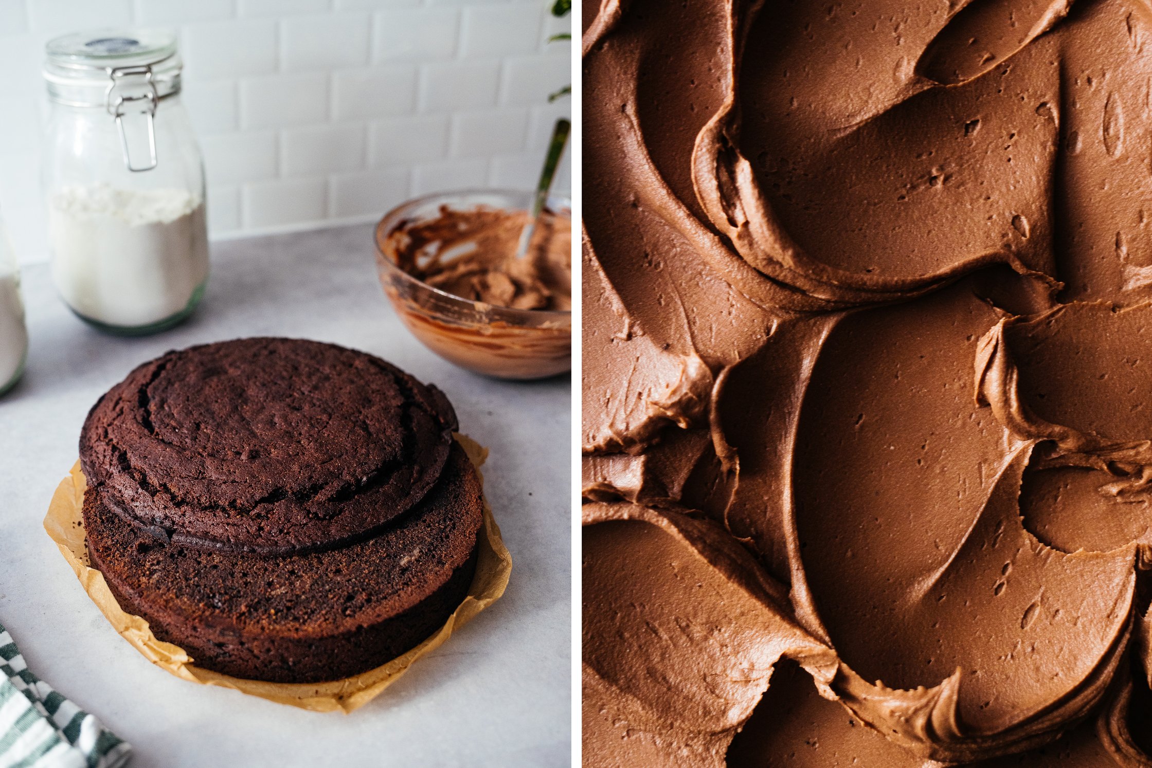 vegan chocolate next to a smooth chocolate frosting