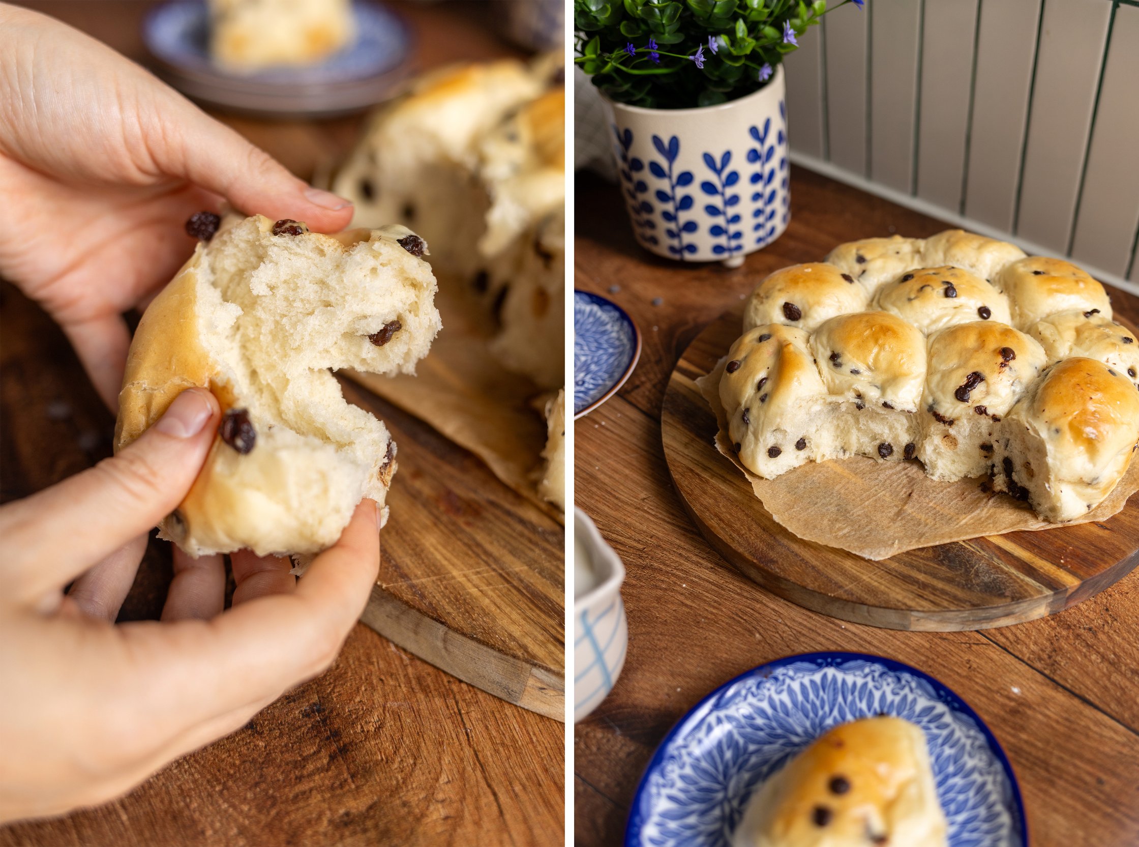 Hand holding sliced vegan milk roll with chocolate pieces, more rolls on wooden board and plate