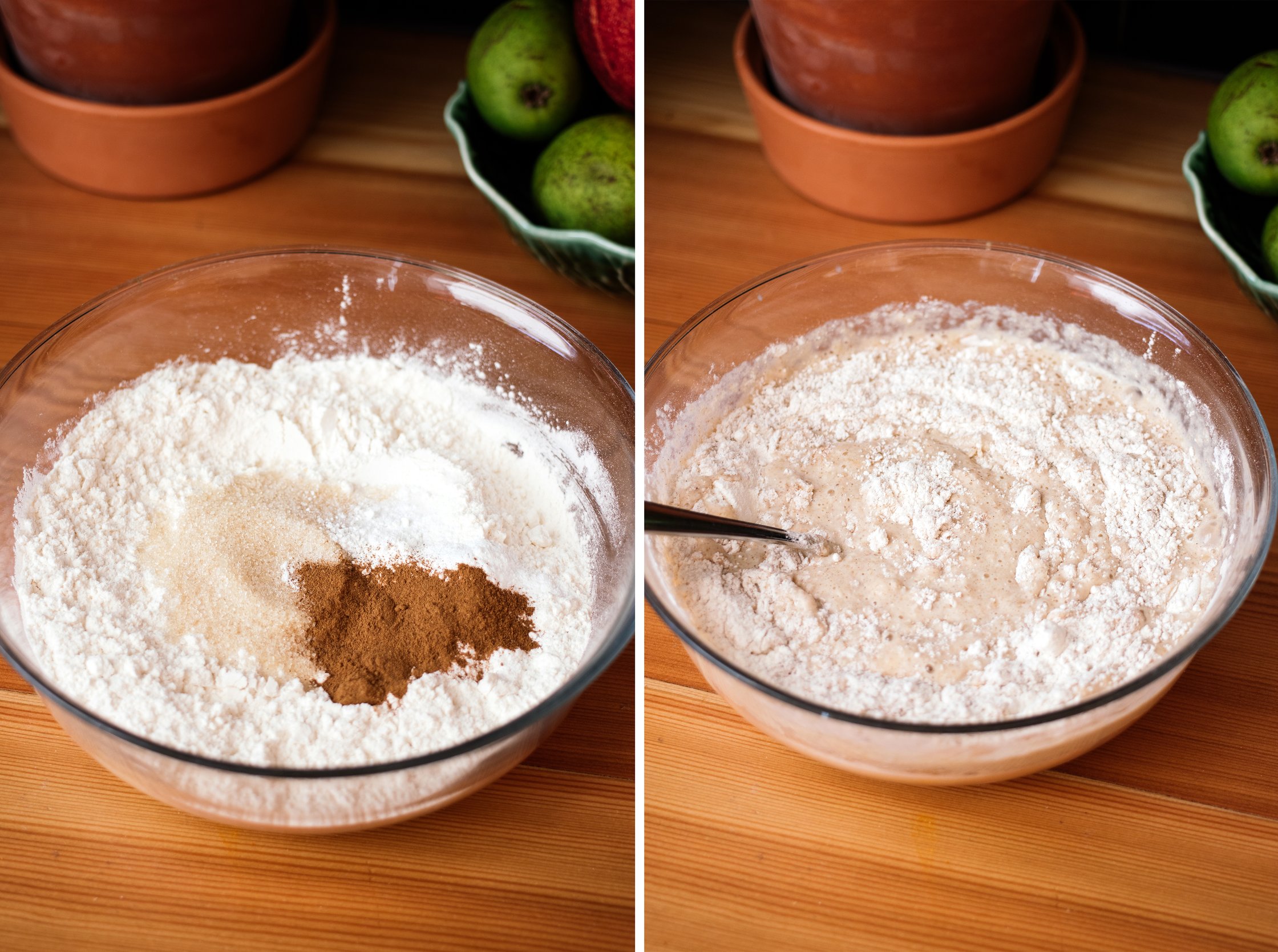 preparing flour mix for vegan apple fritters