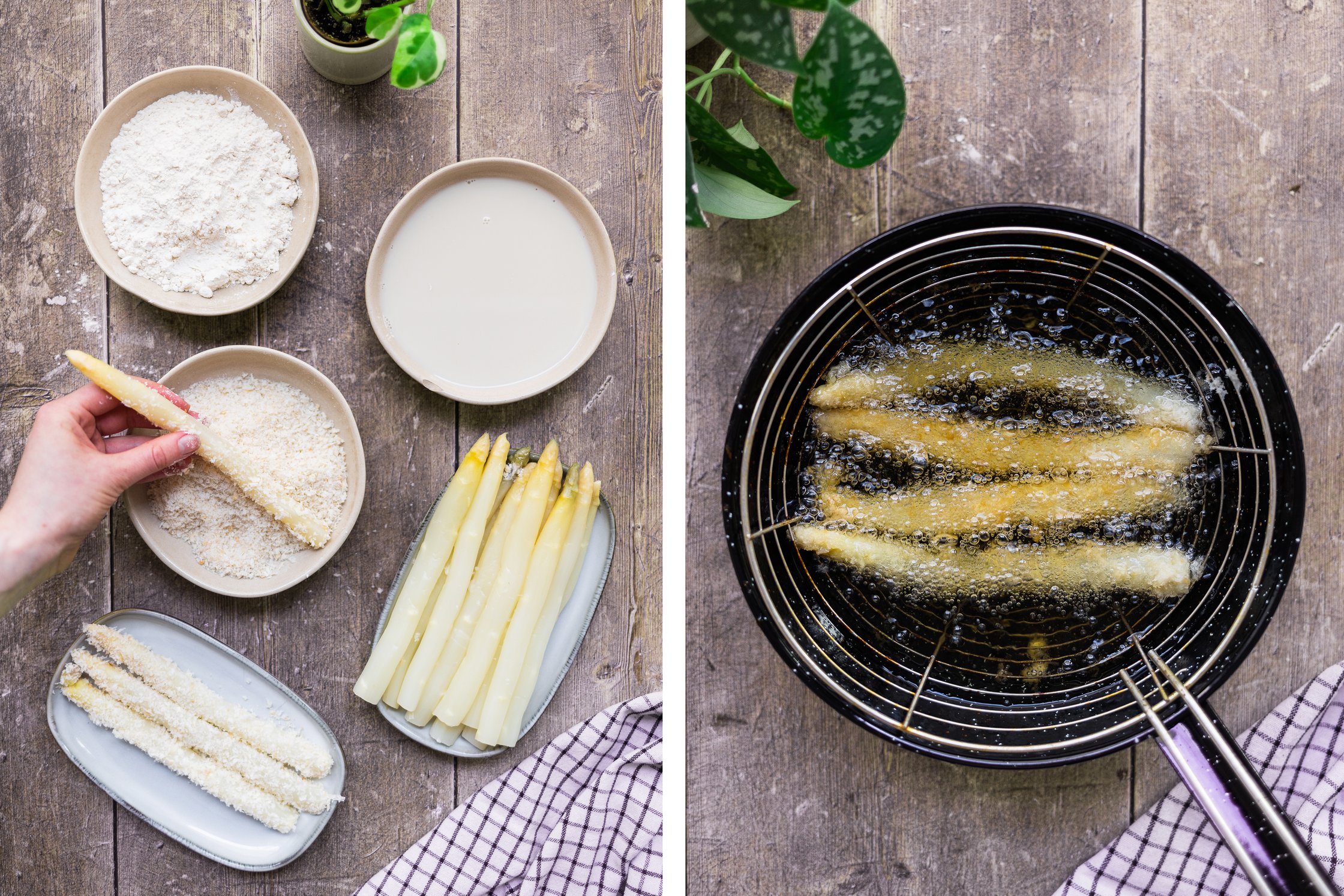 Asparagus is breaded and then deep fried in a pan until golden brown.