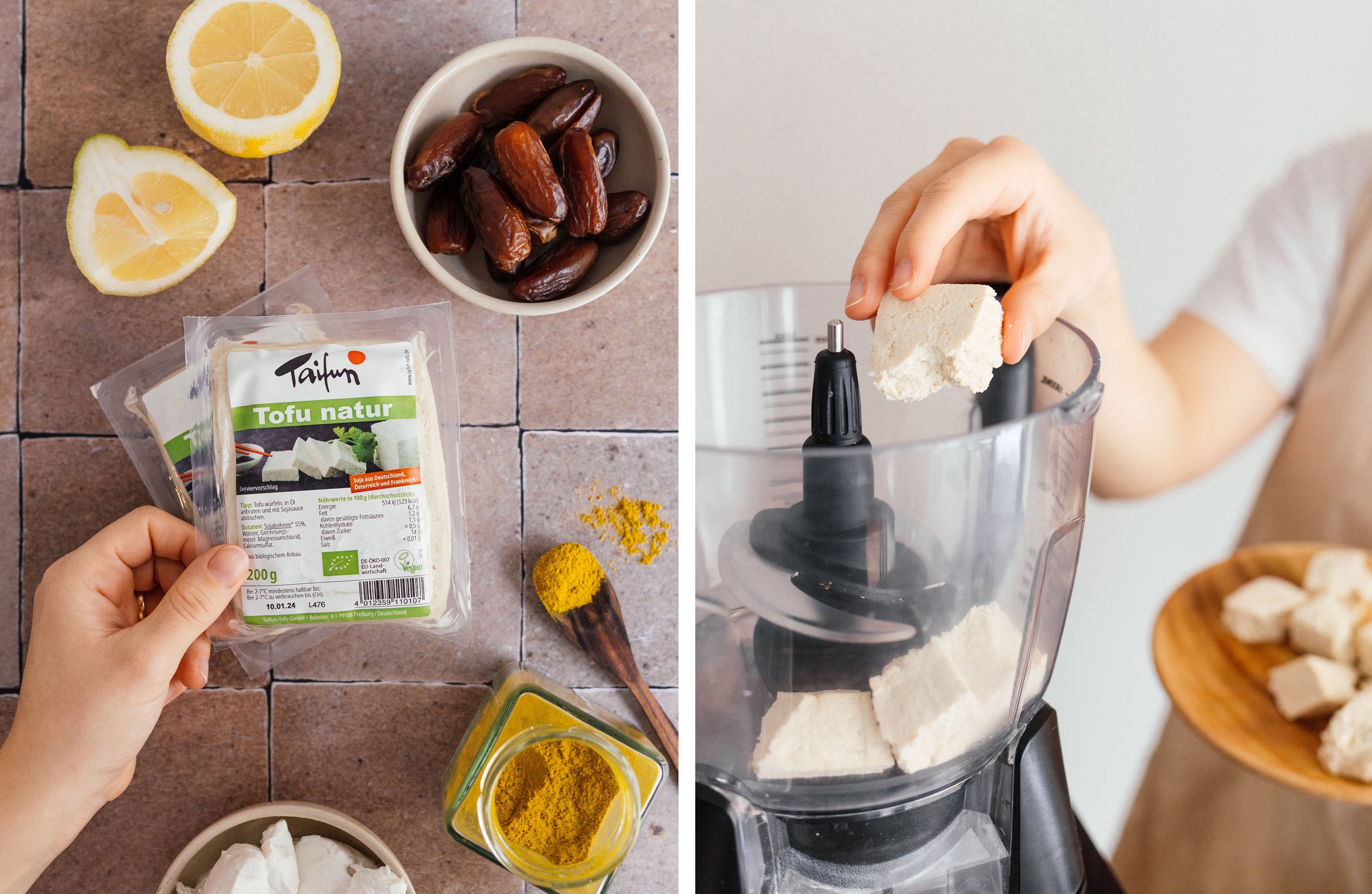 Zutaten für veganen Curry-Aufstrich; Tofuwürfel in einen Mixer geben