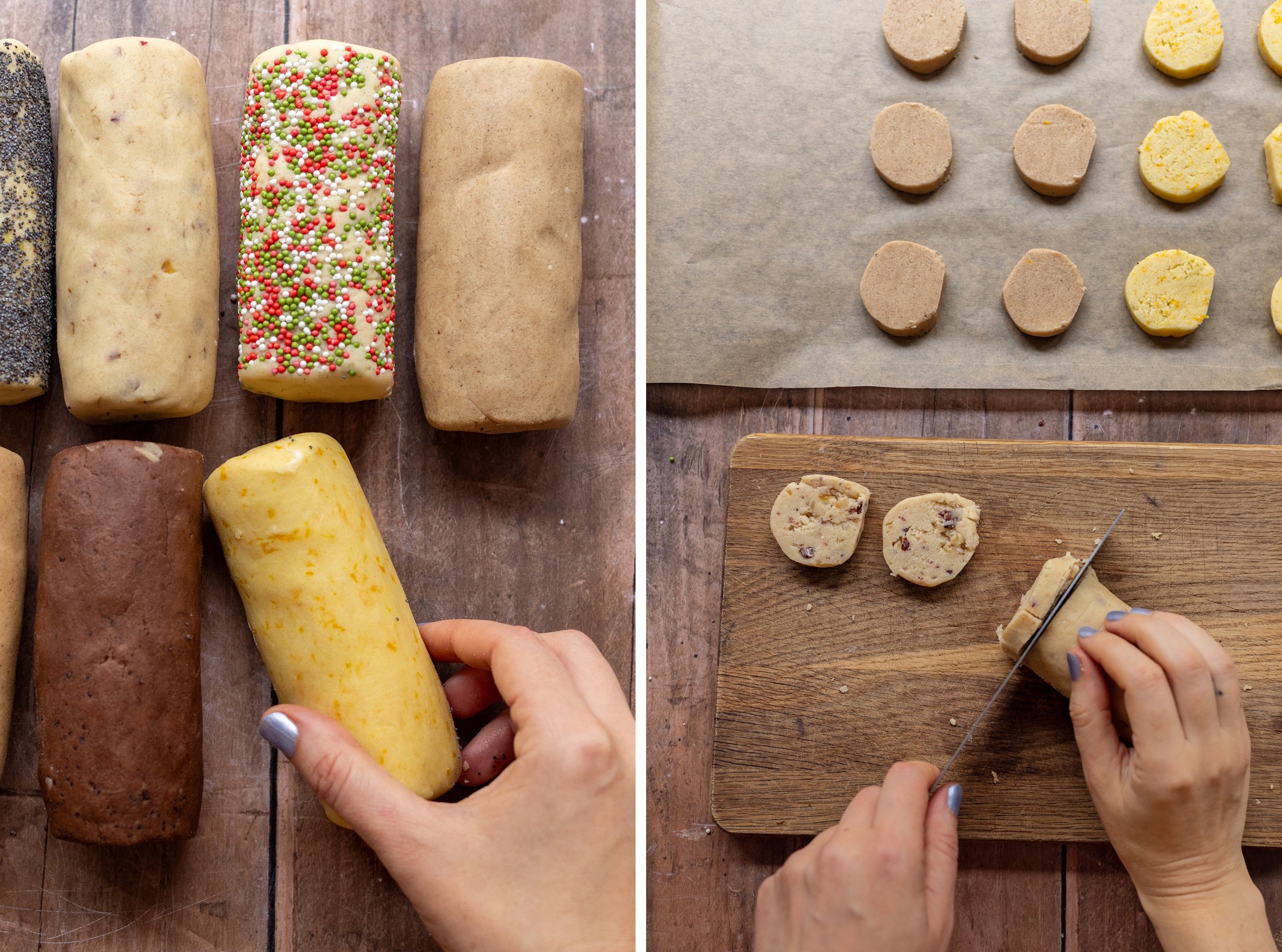 7 rolls with different varieties for vegan slice and bake cookies and showing how to slice them