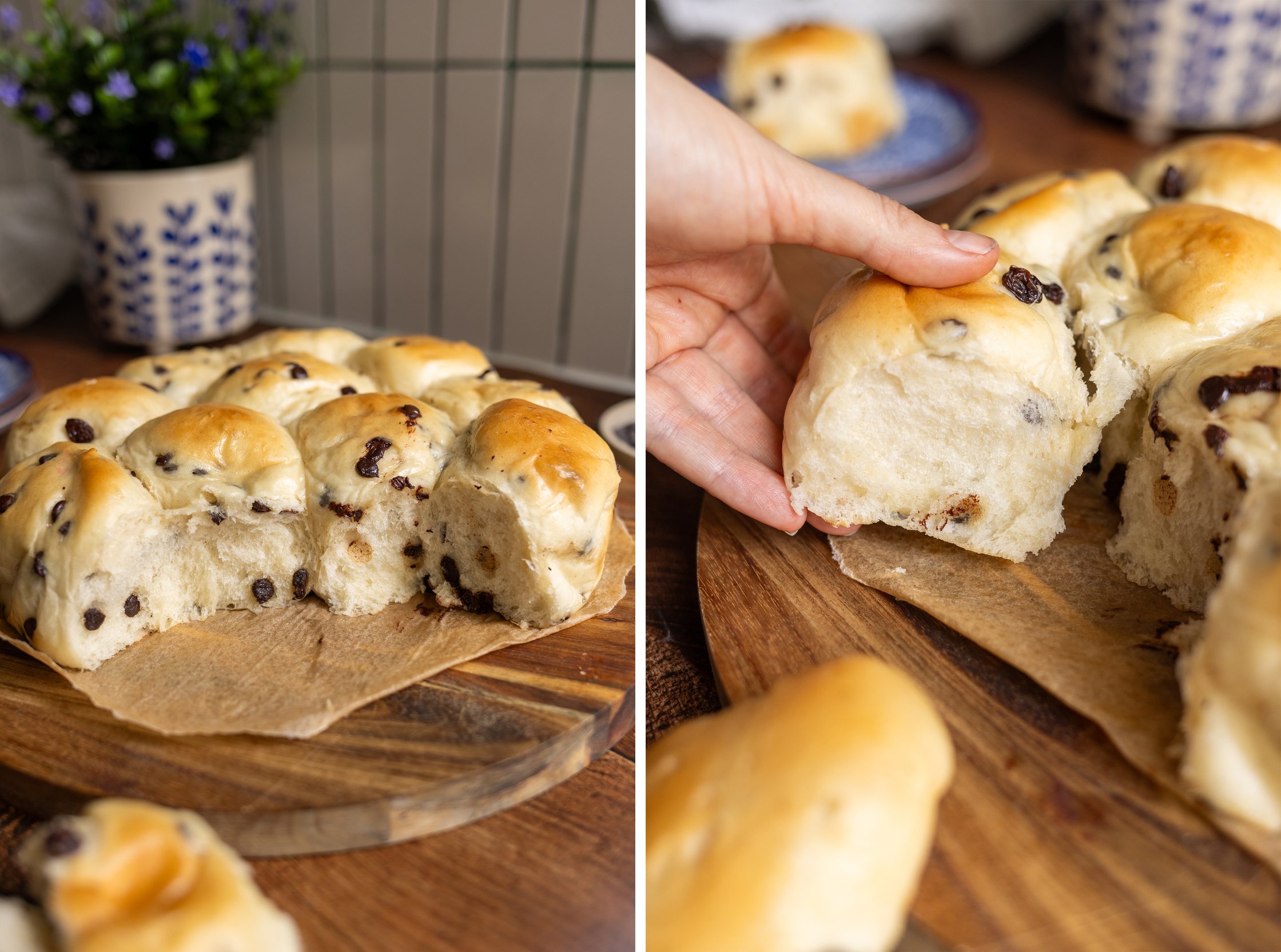 Vegan milk rolls with chocolate drops on a wooden board, one held in hand