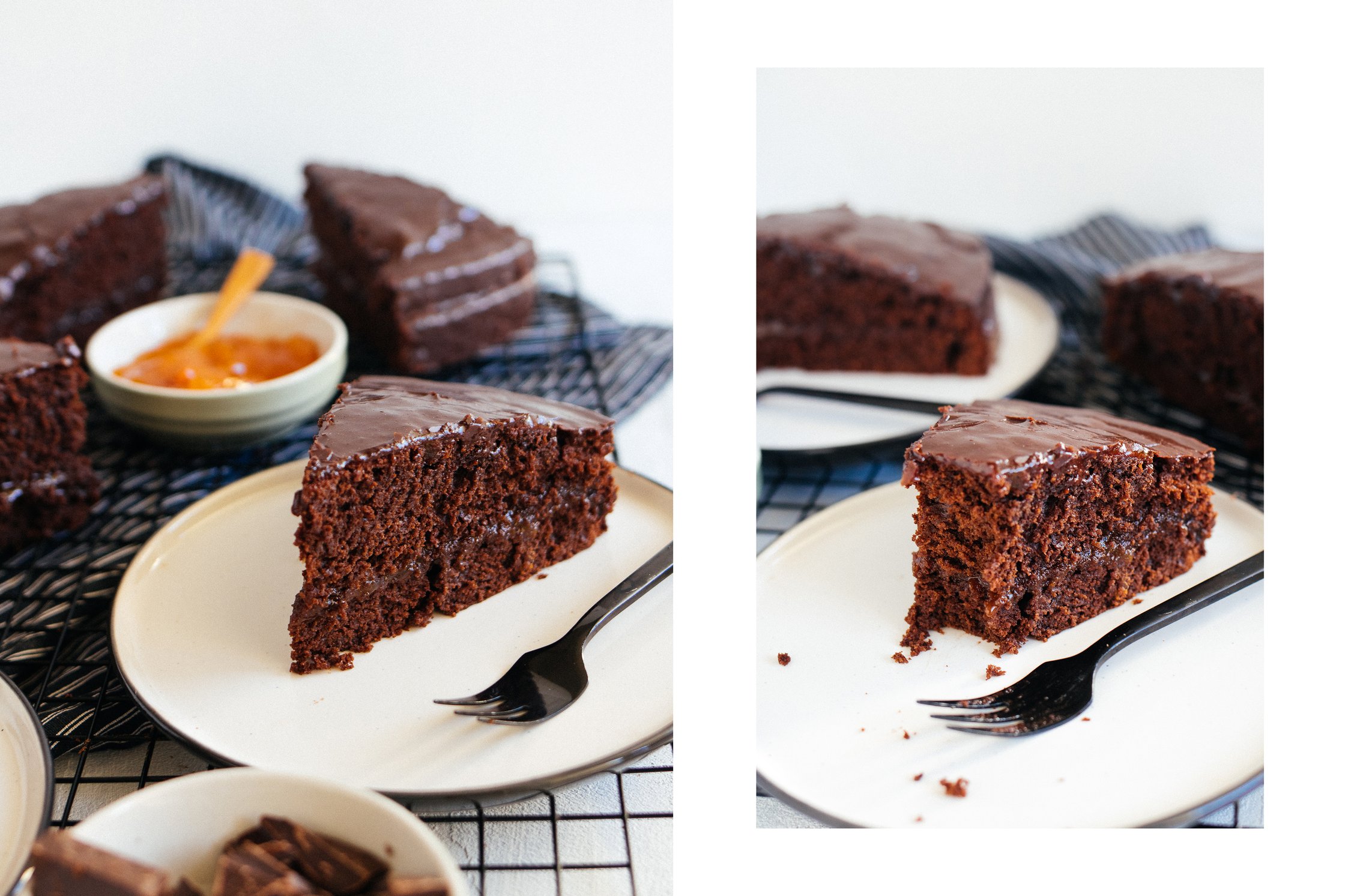vegane Sachertorte auf zwei Tellern