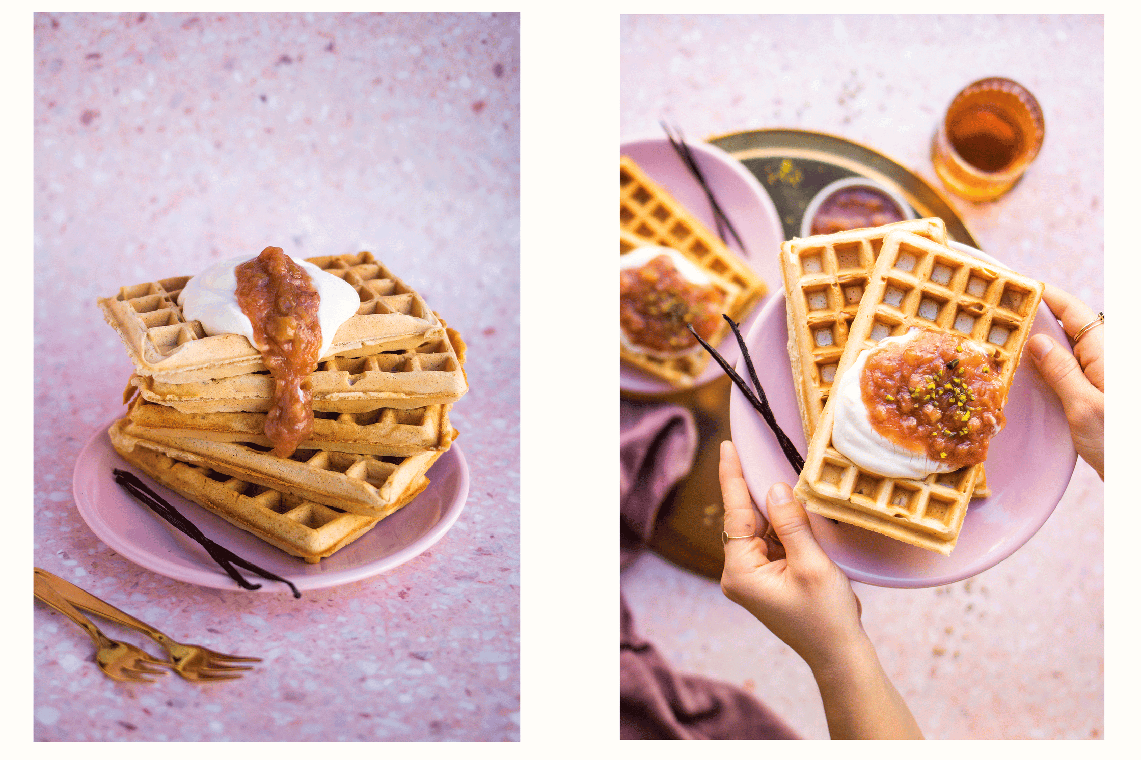 Vegan Vanilla Waffles with rhubarb compote laying on a black baking grid