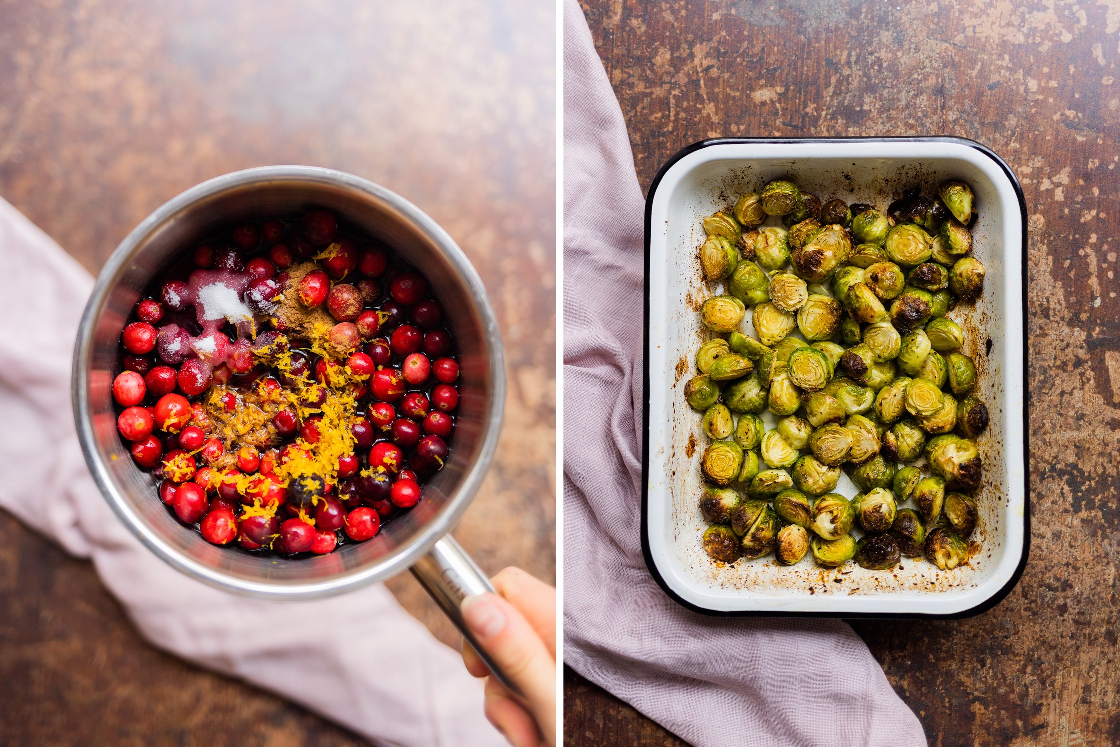 Cranberries mit Orangenschalenabrieb und Zucker in einem Topf, gebackener Rosenkohl in einer Auflaufform