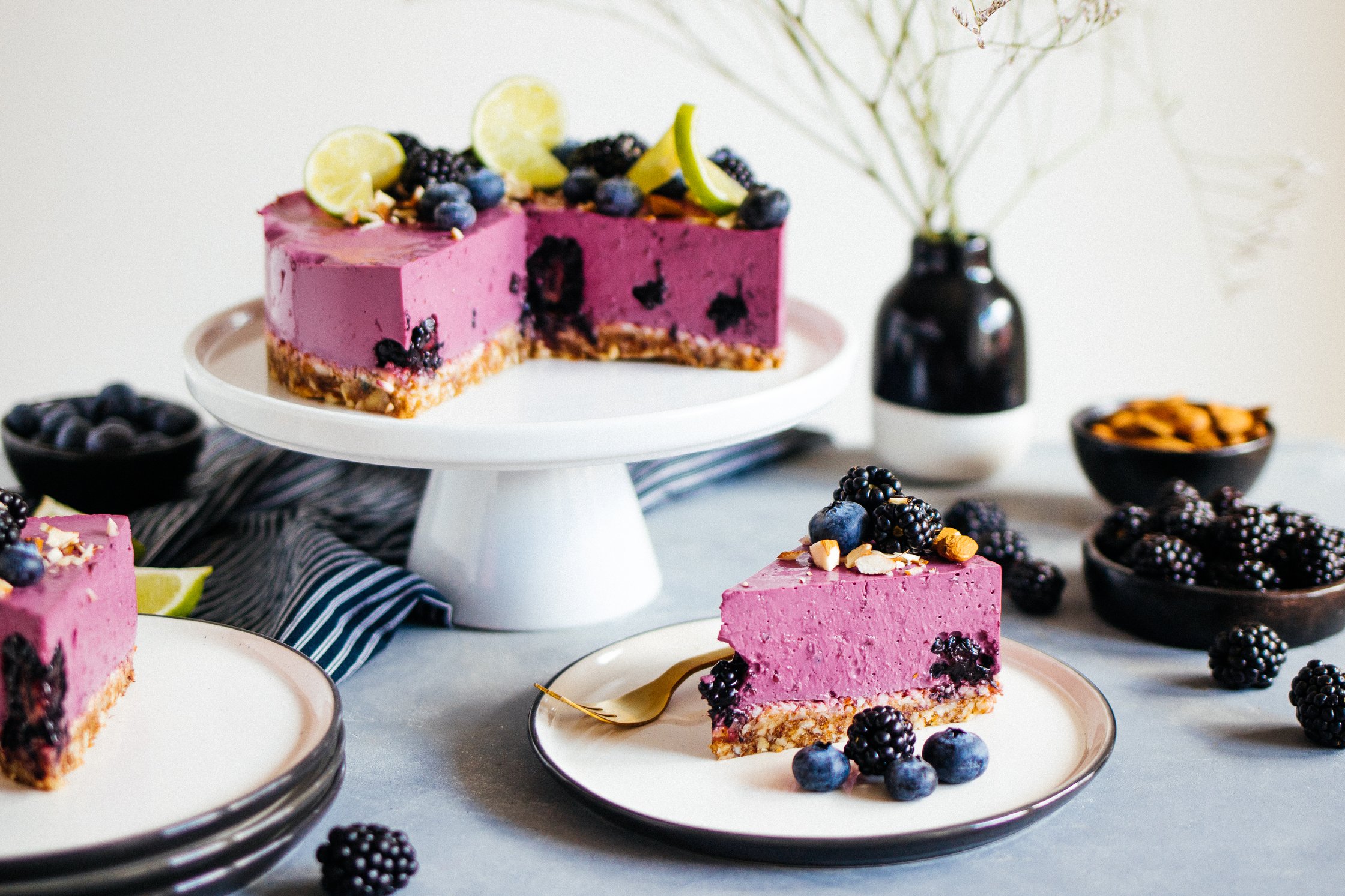 a piece of vegan no-bake blackberry cake