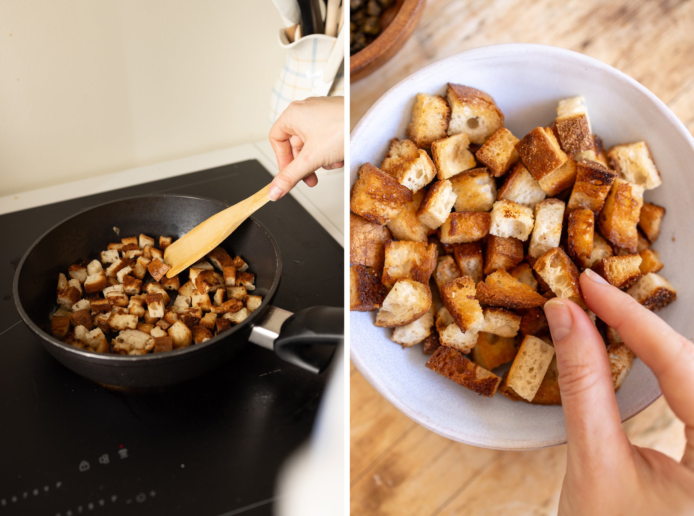 frying gluten free croutons in a pan