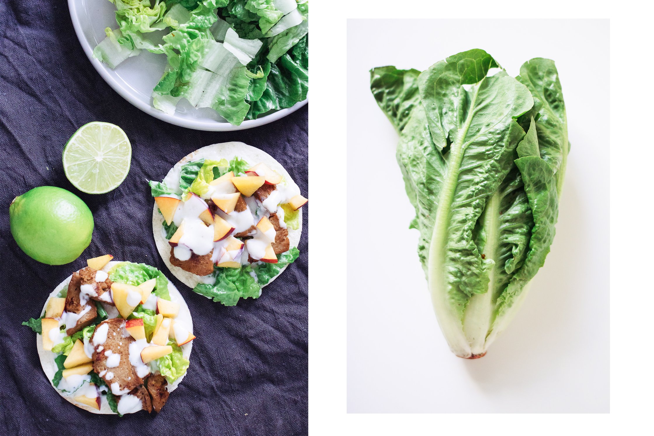 Vegane Tacos sind bereit zum essen, rechts liegt ein Romanasalat