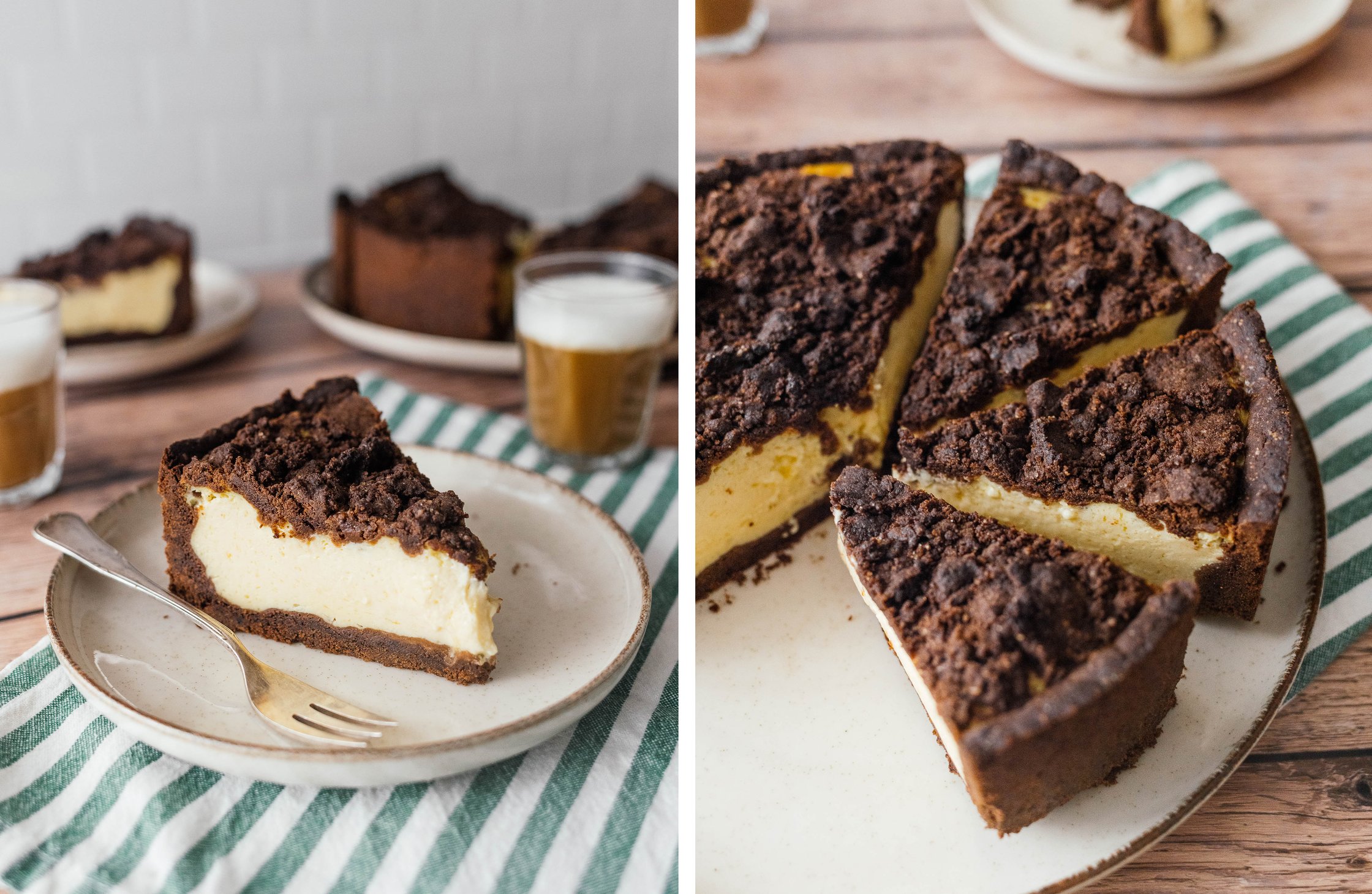 a piece of vegan Russian chocolate cheesecake on a plate; Russian chocolate cheesecake cut into pieces