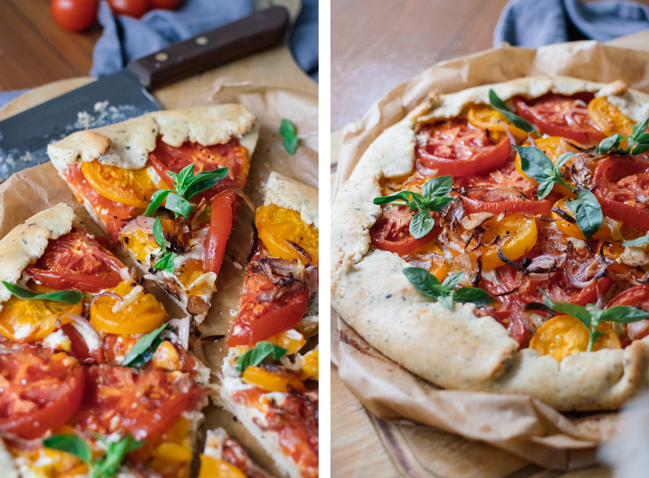 vegane tomatengalette auf einem holzbrett