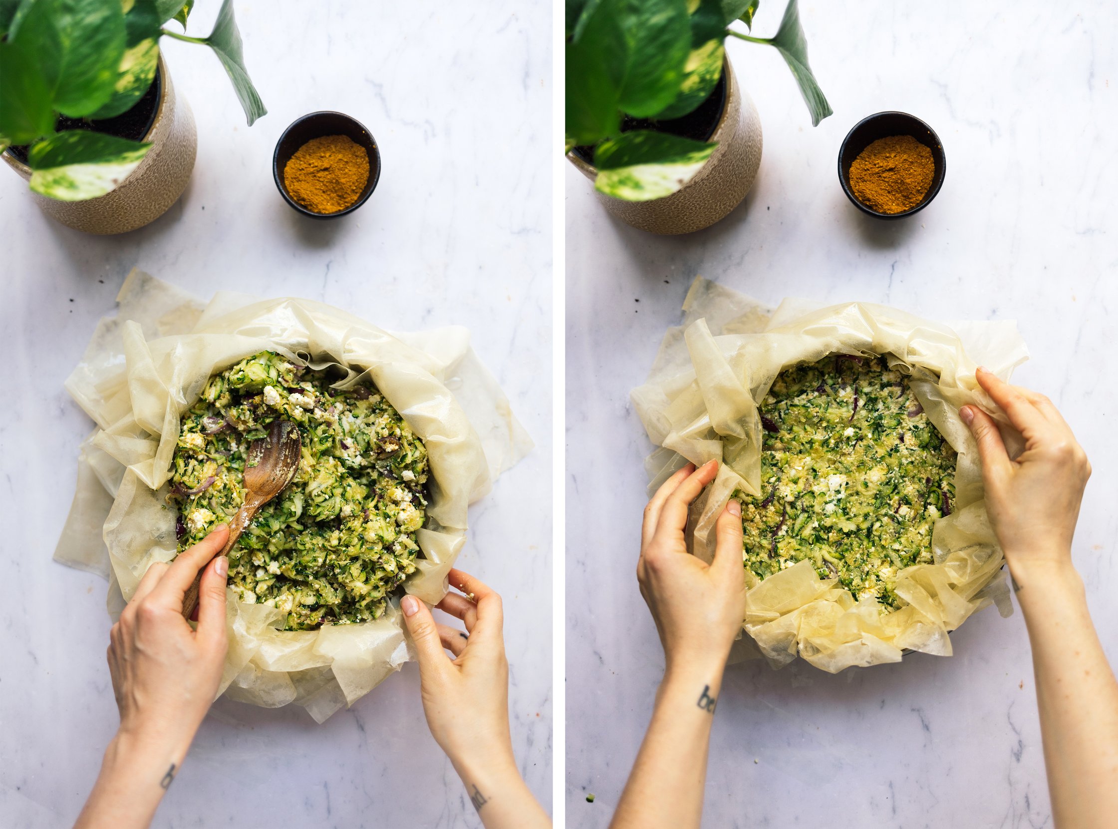 adding filling to vegan phyllo pie