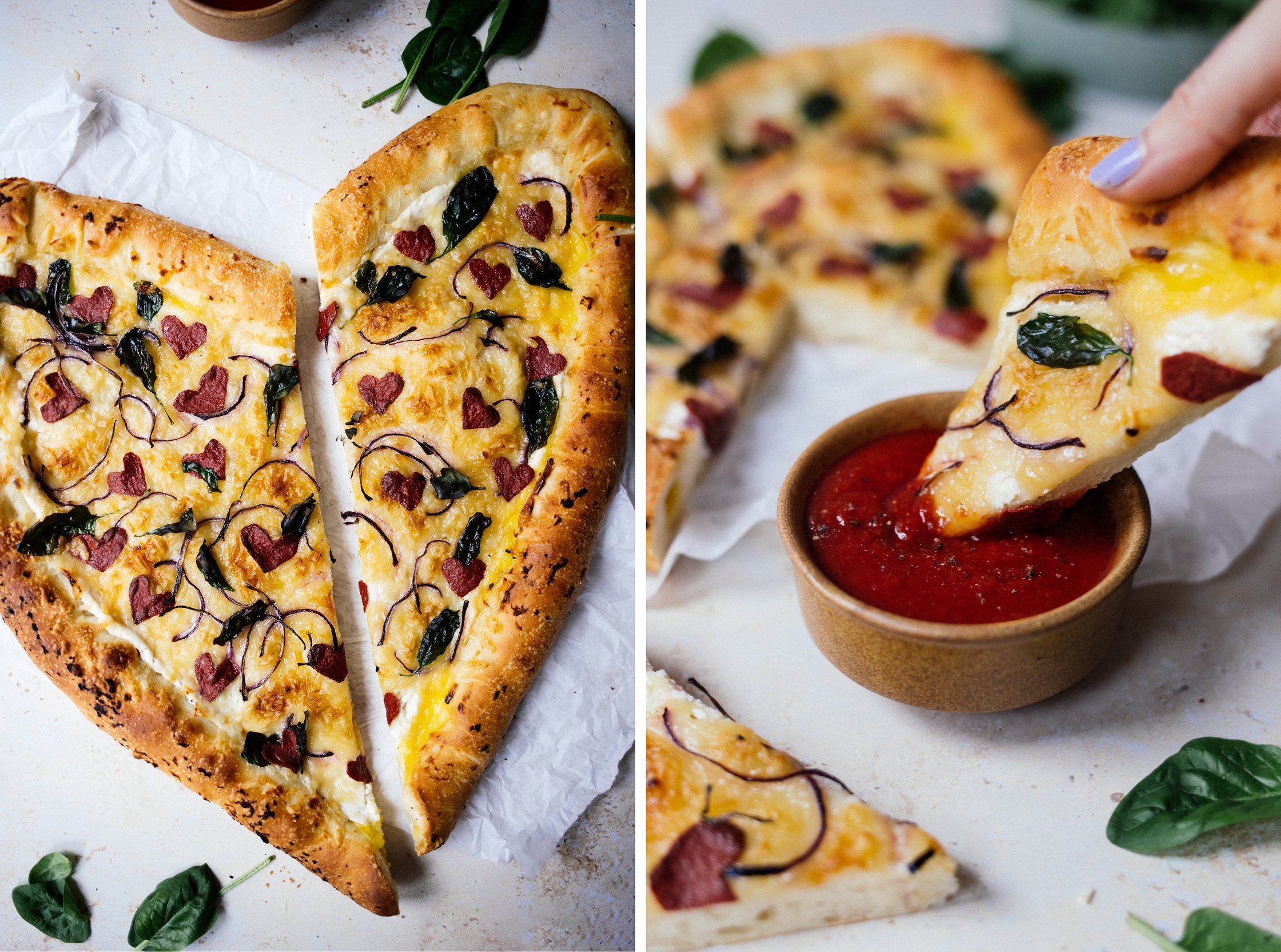 dipping vegan Cheese Stuffed Crust Pizza in tomato sauce