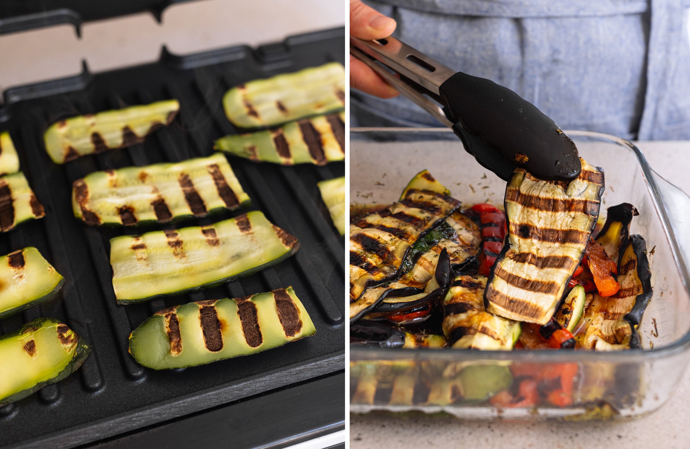 On the left side the zucchini is fried and on the right side are some more fried vegetable