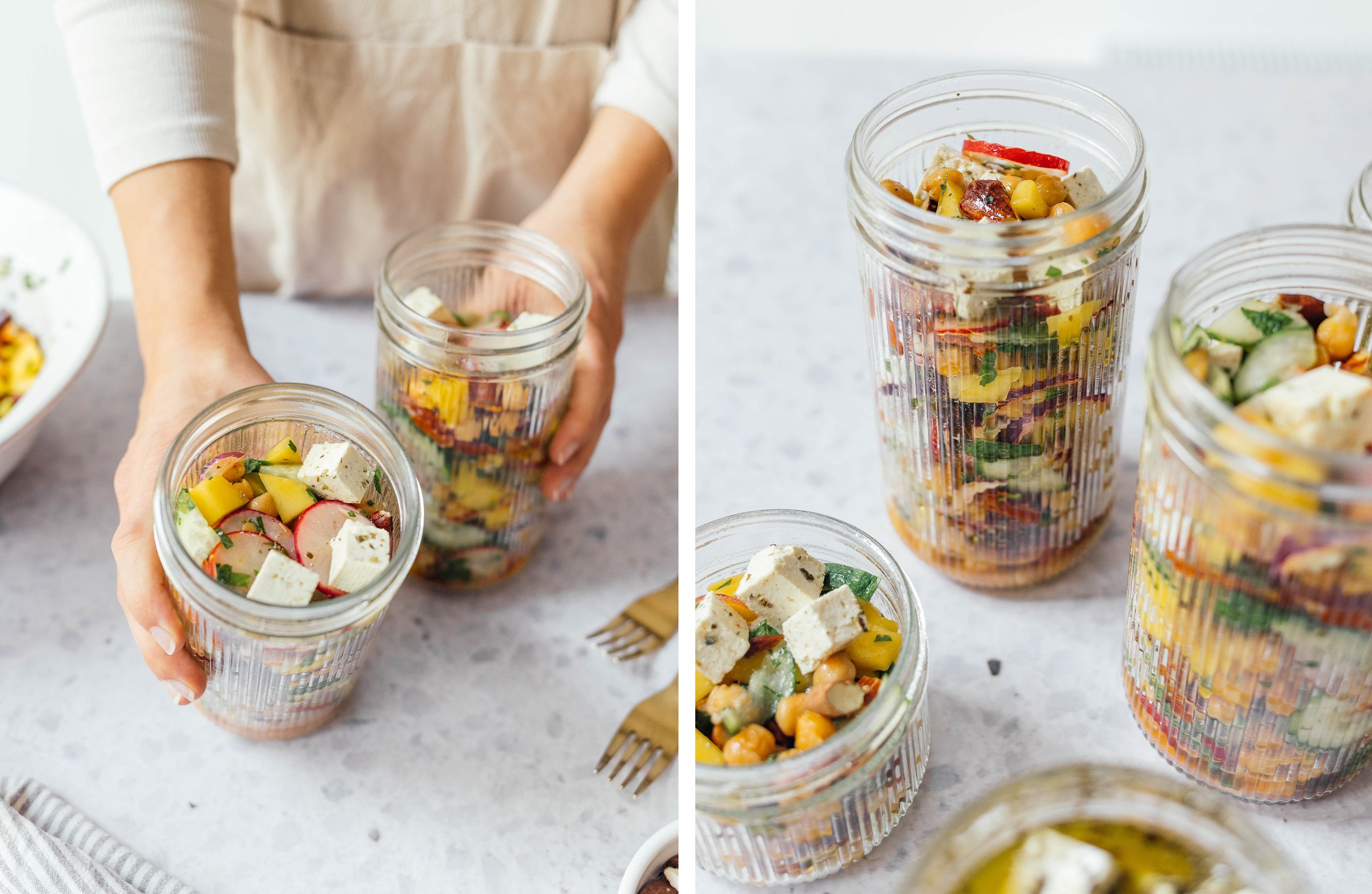 summer chickpea salad with vegan “feta heese“ filled in tall glasses