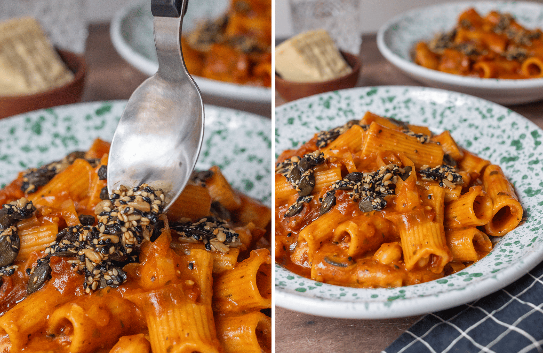Ein Teller der veganen One-Pot Pasta à la Ceci auf grün-weißem Teller, dahinter ein zweiter Teller und daneben Besteck auf du