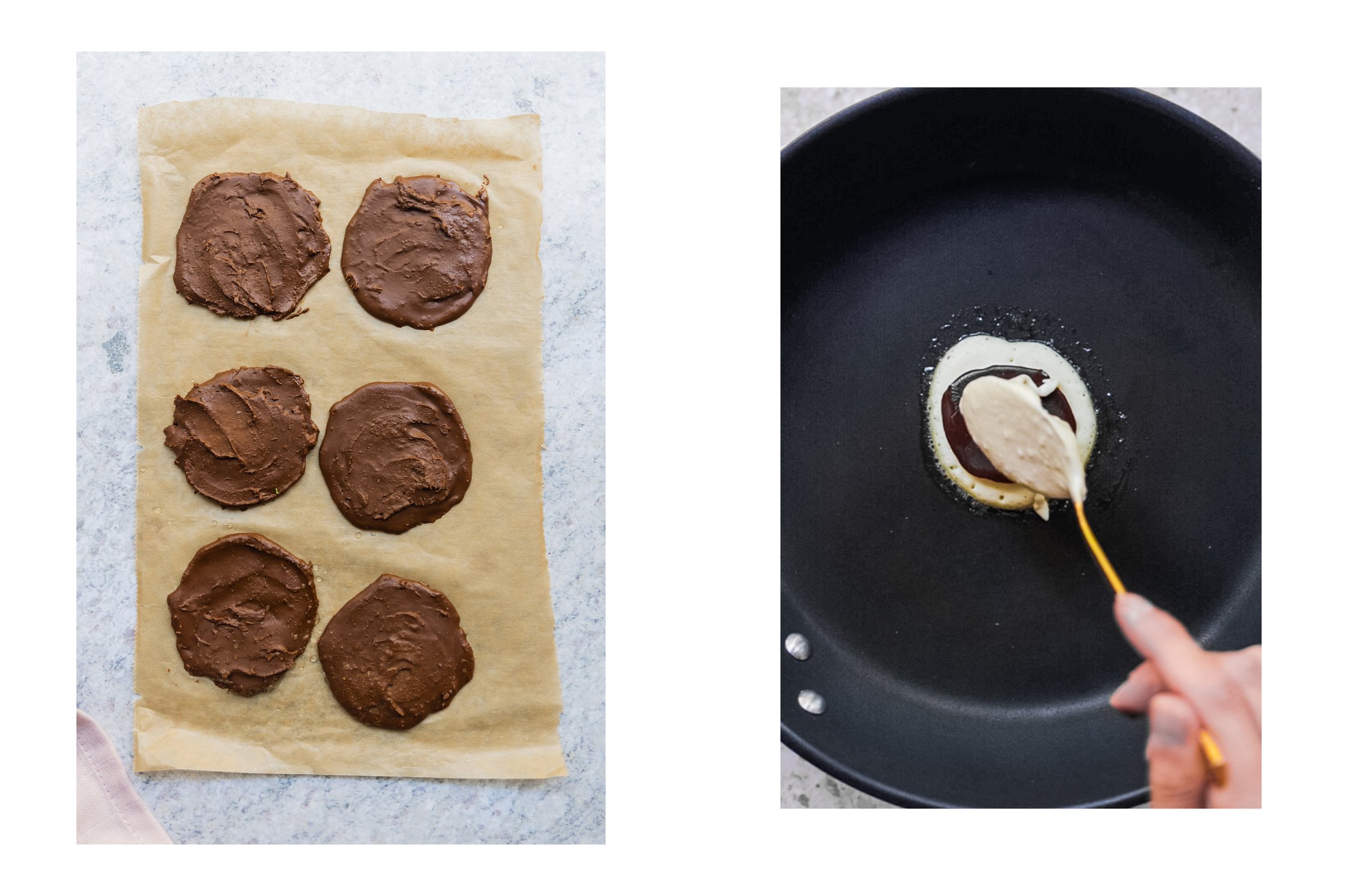 jam and vegan chocolate spread blobs on a baking paper