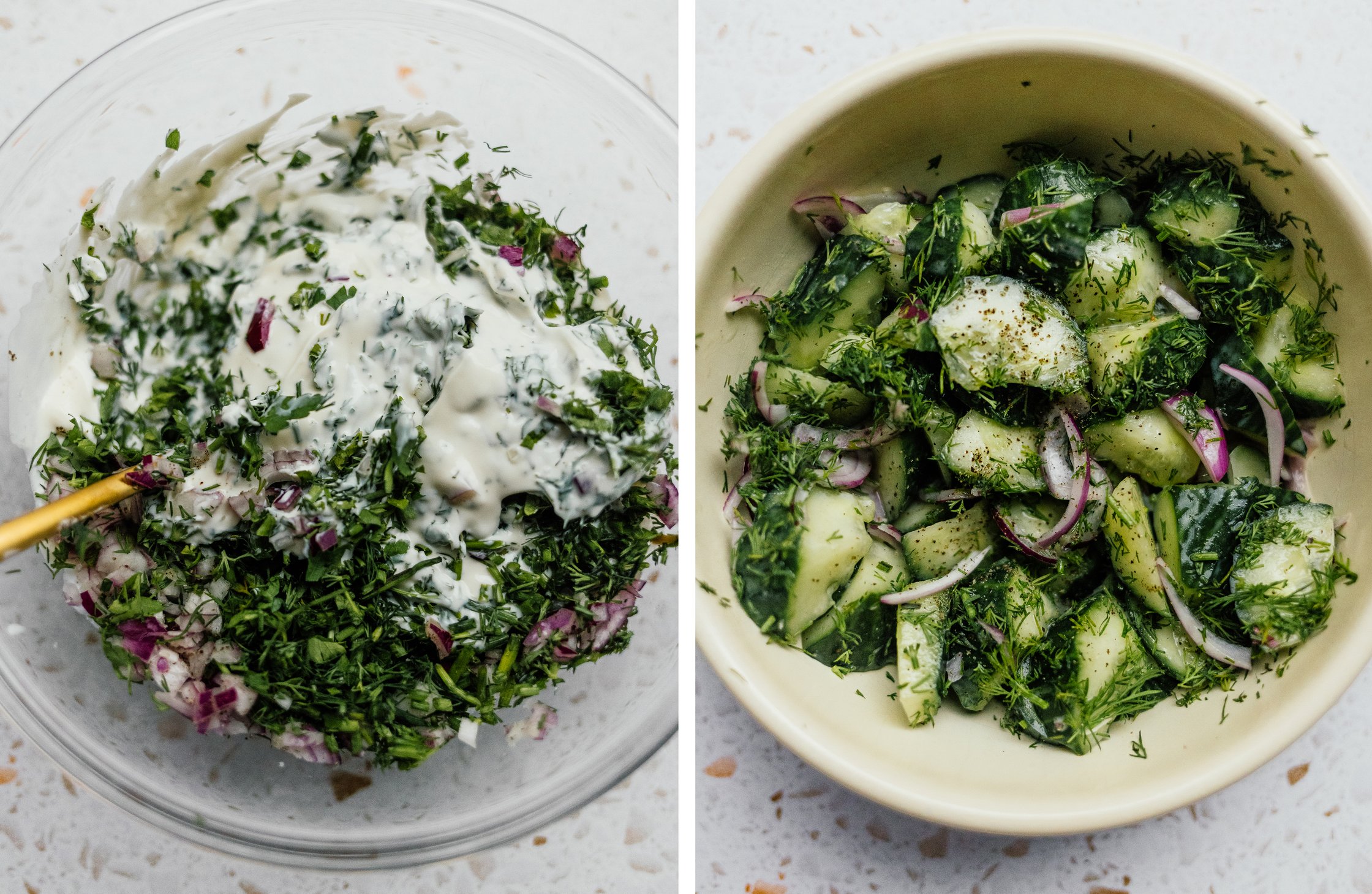 veganen Kräuterquark anrühren; Gurkensalat mit Dill in einer Schale