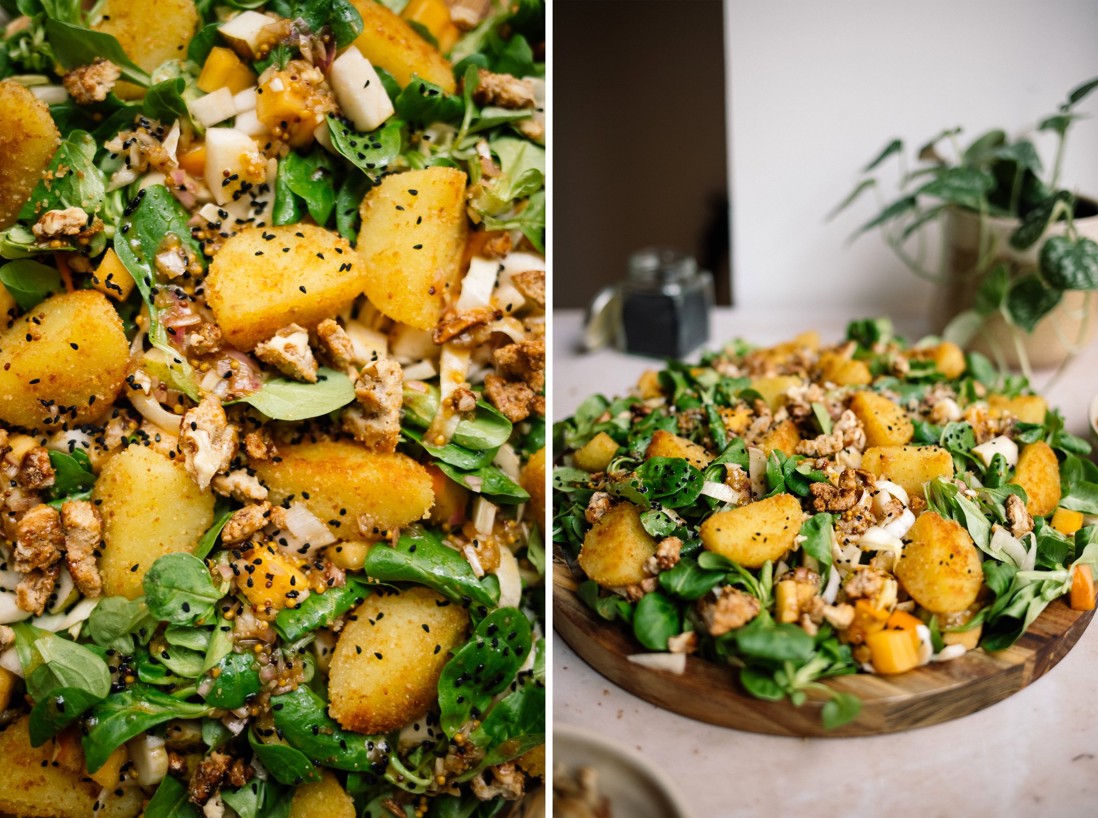 close up of Chicory and Lamb's Lettuce Salad with Pear, Persimmon and Dumpling Croutons