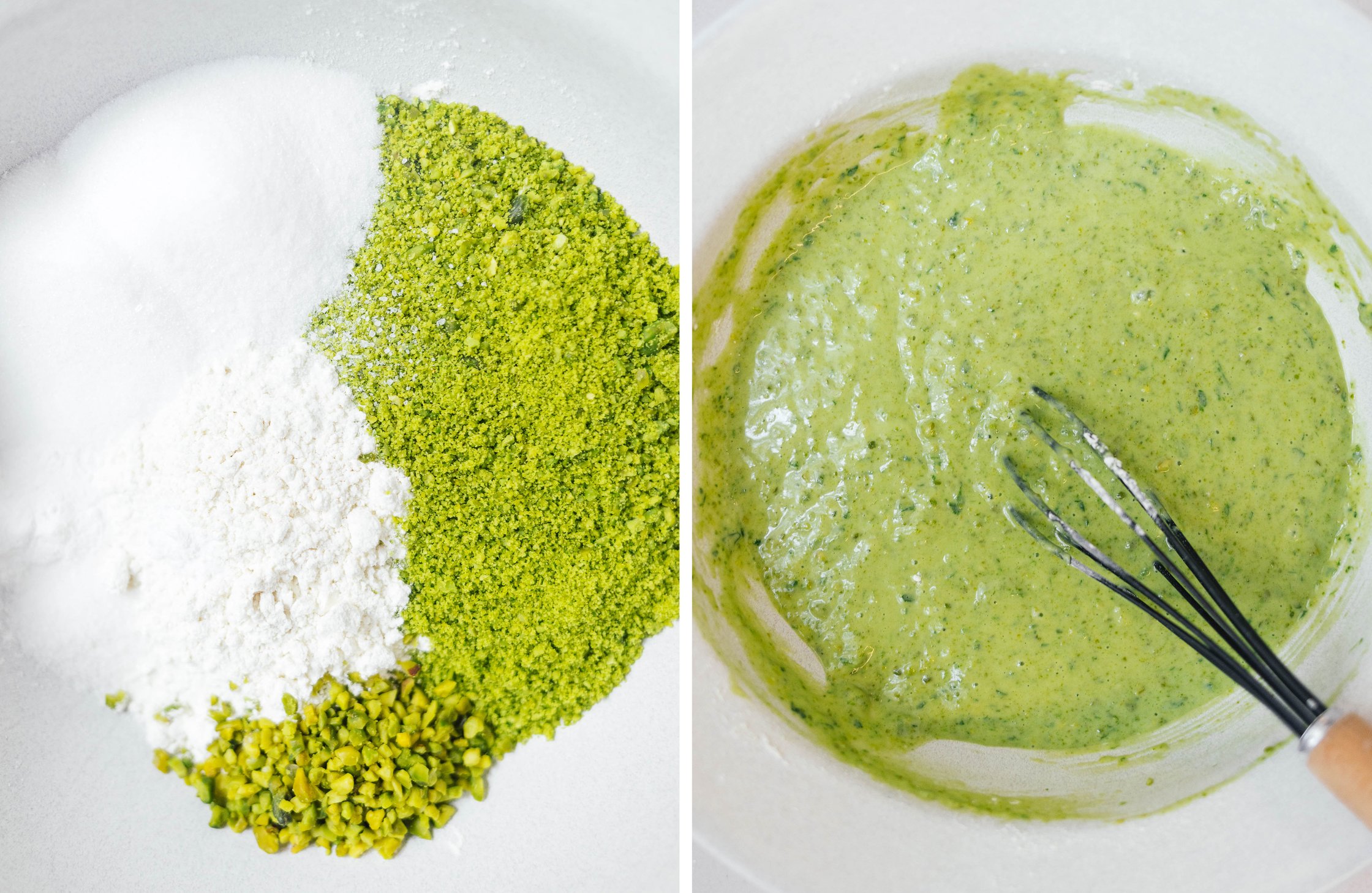 vegan ingredients for pistachio cake in a bowl, batter in a bowl